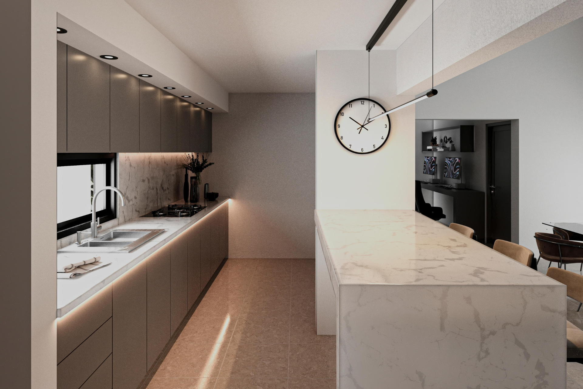 cocina-integrada-diseño-minimalista Render de la circulación interna con integración de luz natural.