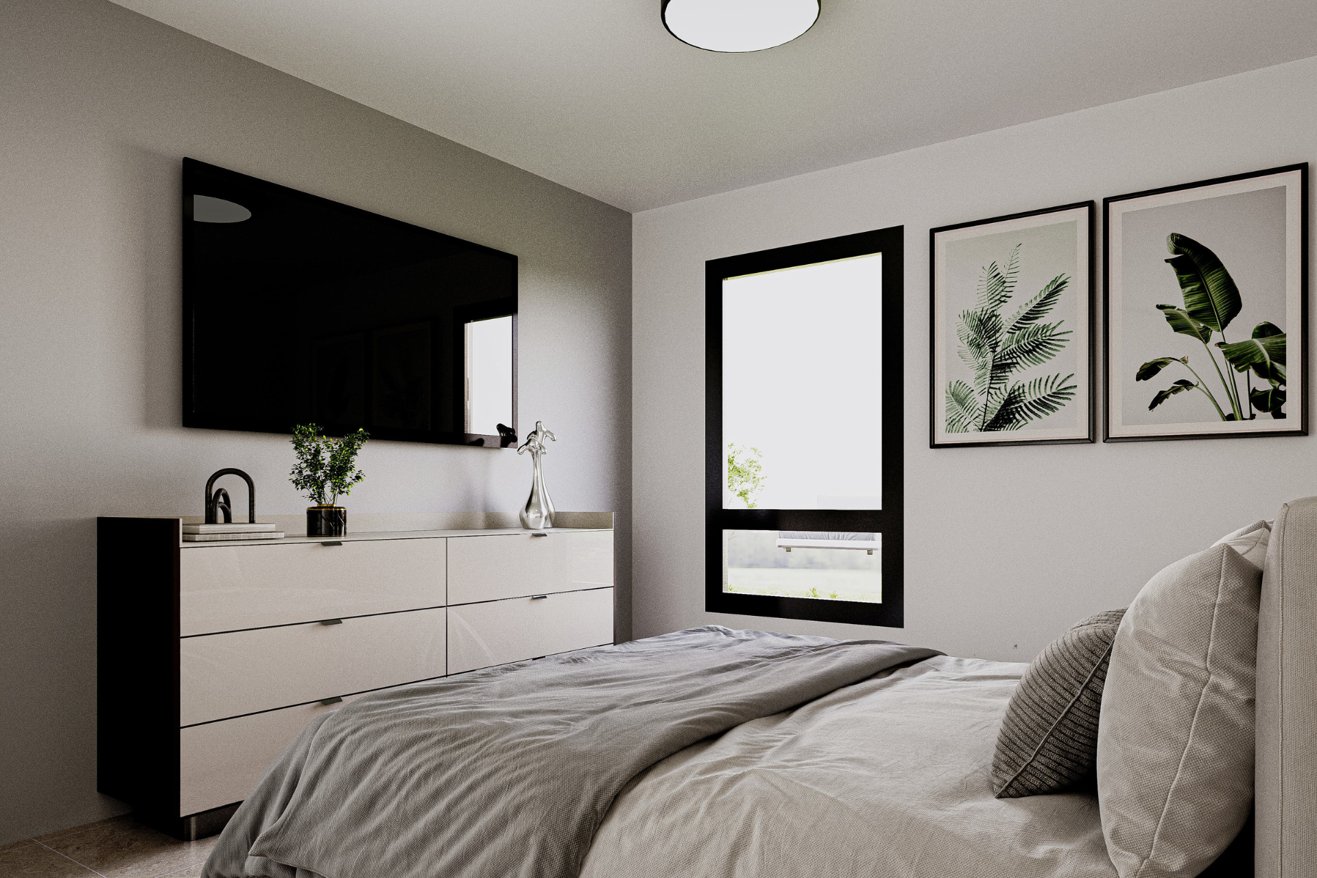 dormitorio-principal-savona-docta Dormitorio principal con gran ventanal y decoración cálida.