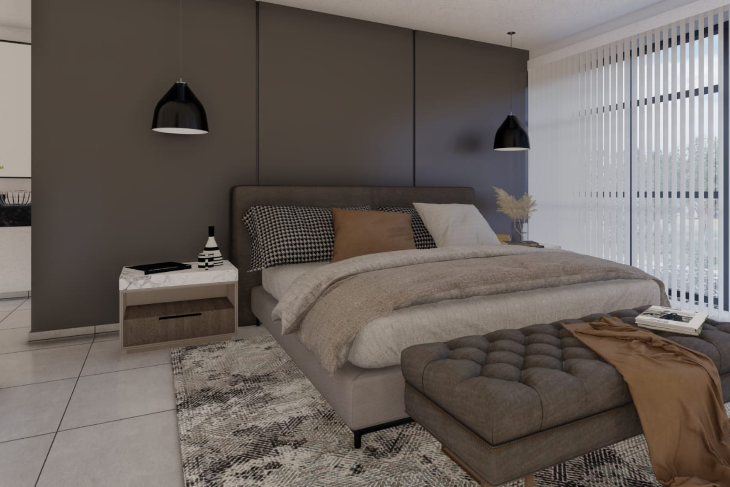 habitacion-luminosa-casa-minimalista Habitación principal con ventanales y vista al patio en casa moderna.