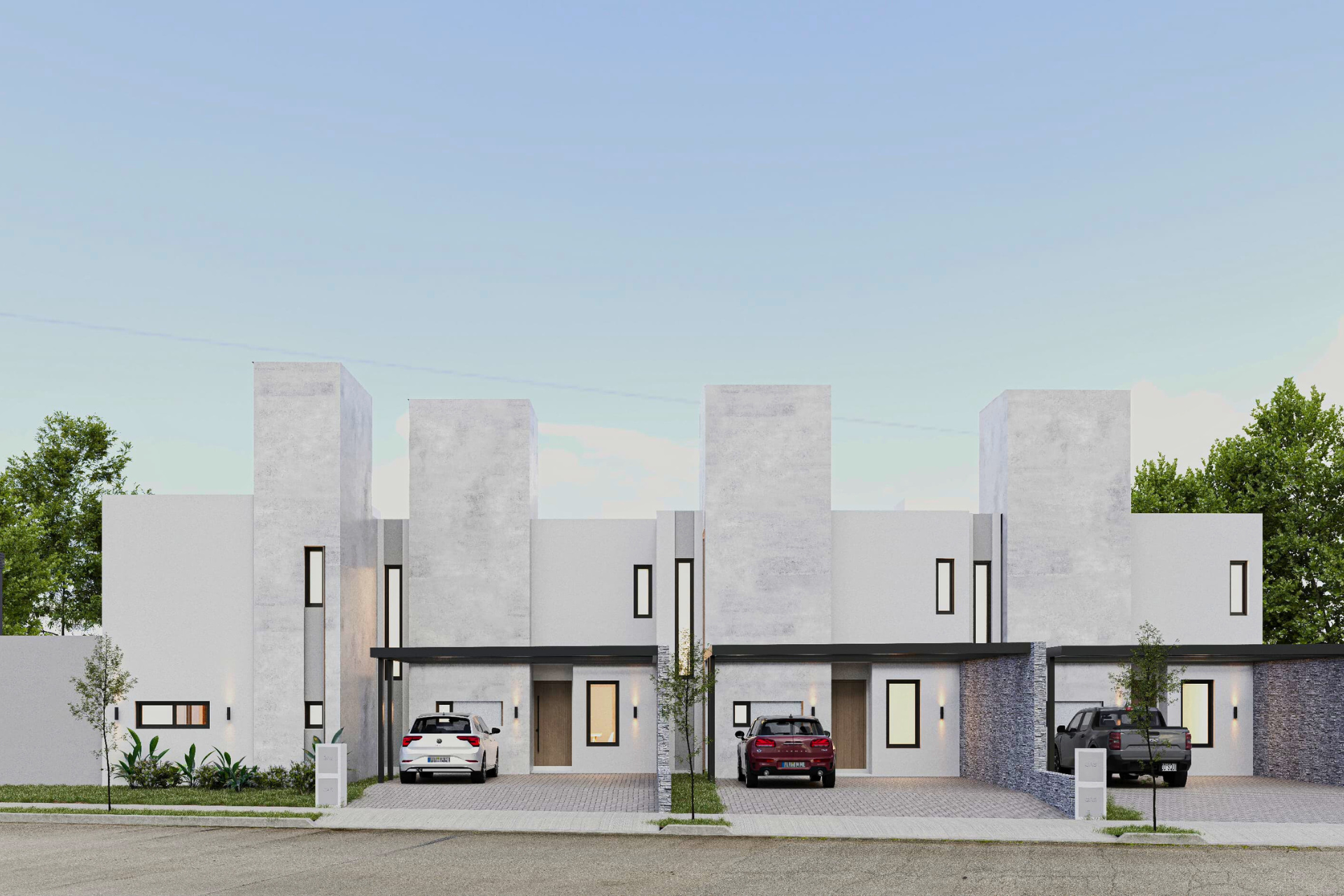 housing-savona-docta Vista del housing con iluminación cálida en fachadas.