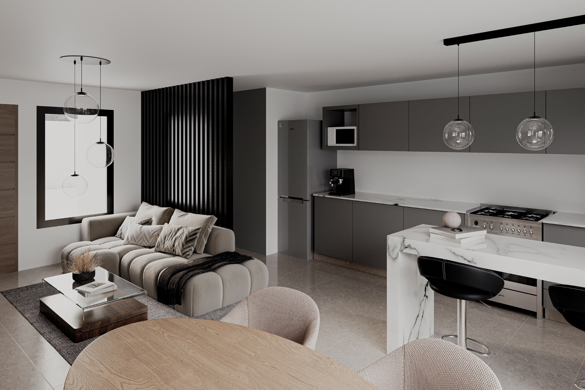 interior-housing-savona Render de la sala de estar con mobiliario minimalista.