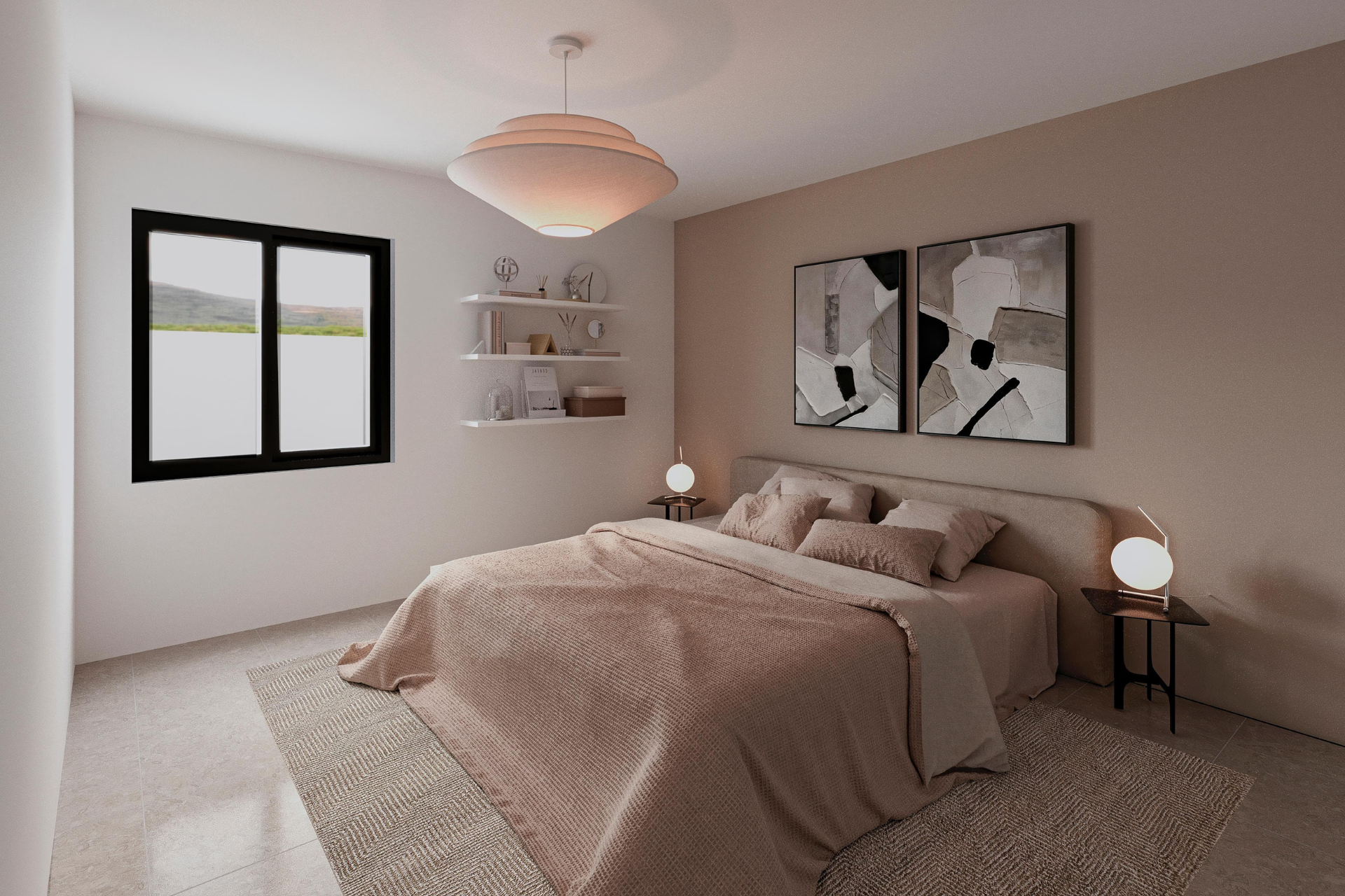 render-dormitorio-principal-diseño Dormitorio principal con decoración moderna.