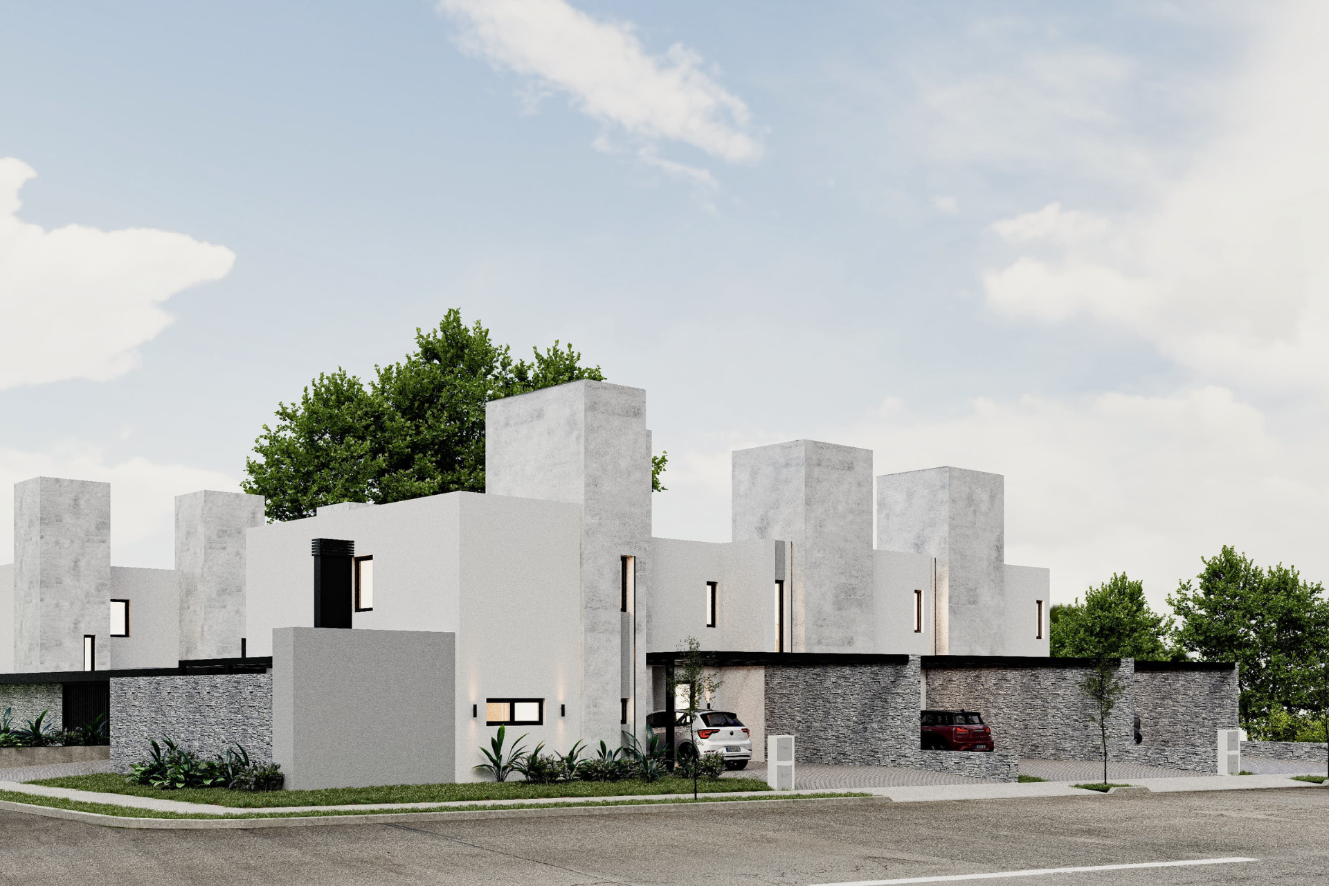 render-savona-housing-cordoba Detalle de la iluminación arquitectónica en el exterior.