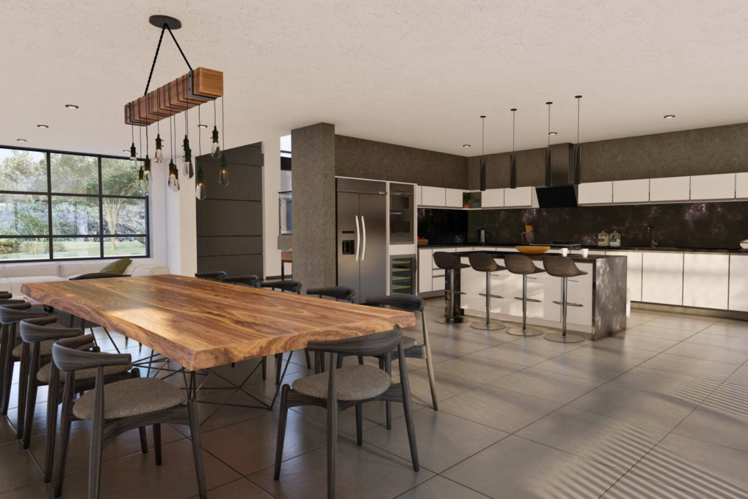 sala-estar-minimalista-luminosa Living moderno con cocina integrada y diseño minimalista.