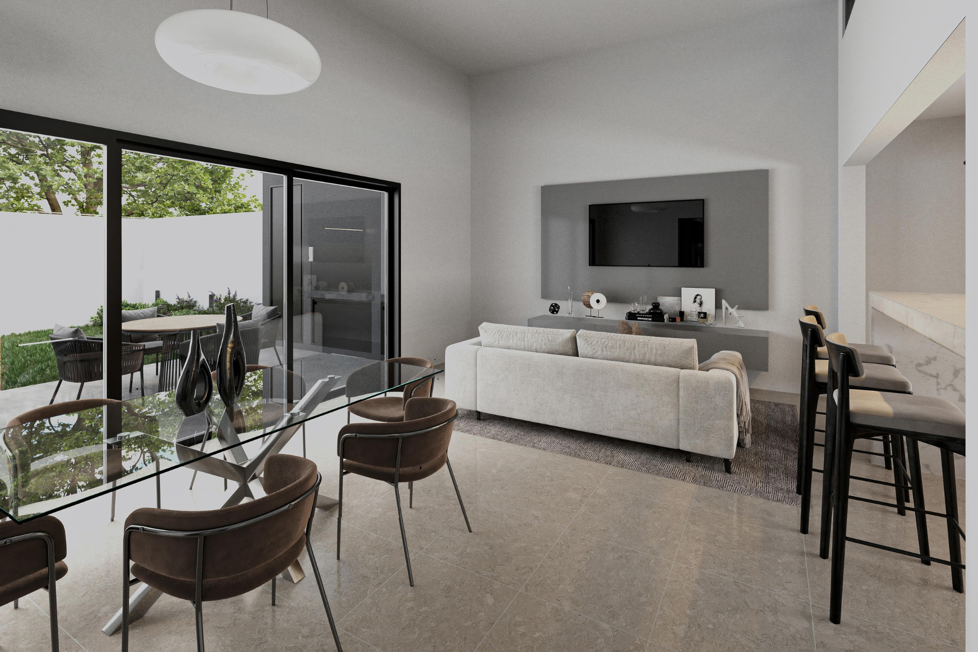 sala-living-docta Living y salón, con ventanales con salida al exterior.