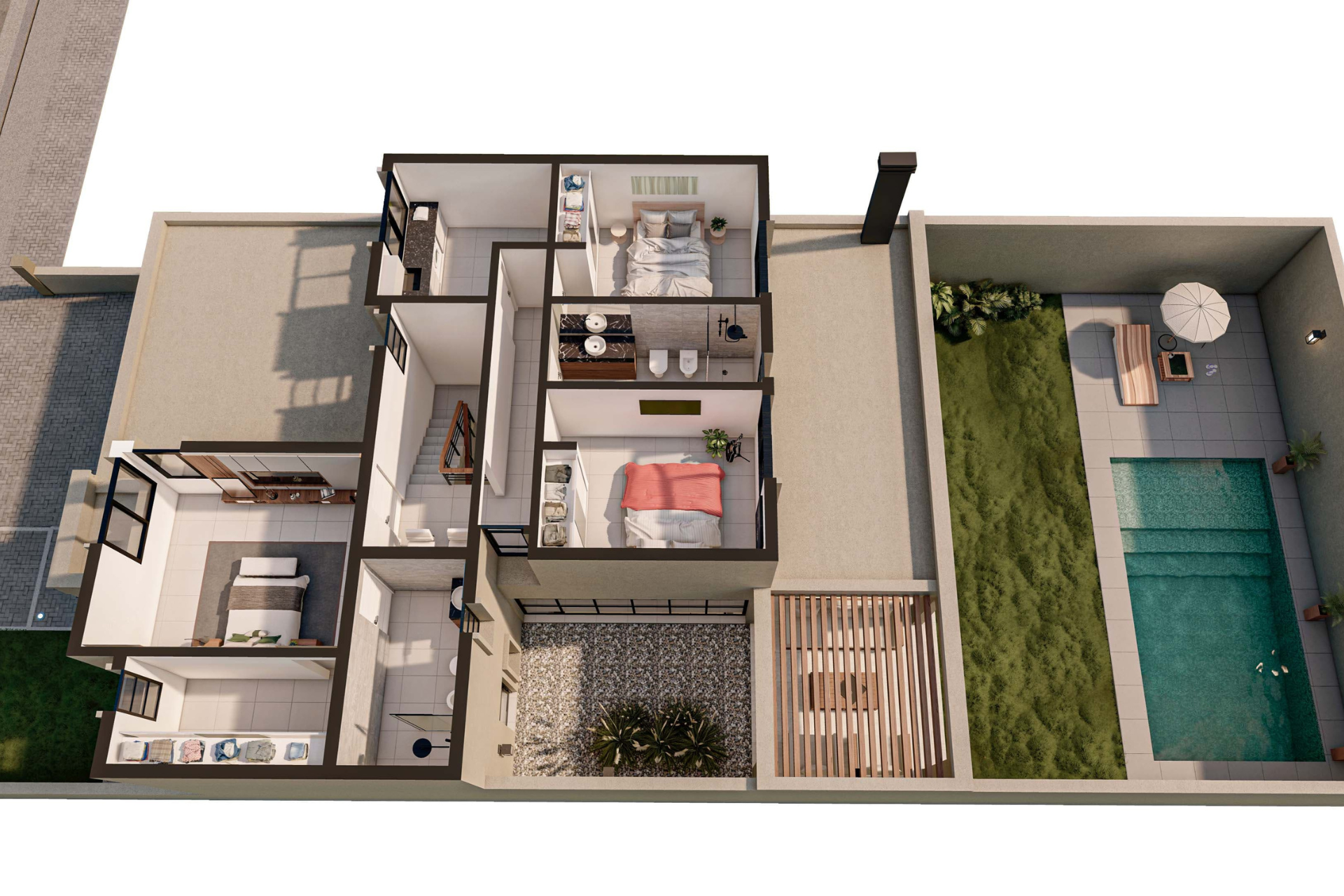 axo-arquitectura-moderna Render Axonométrico 2 - Planta Alta