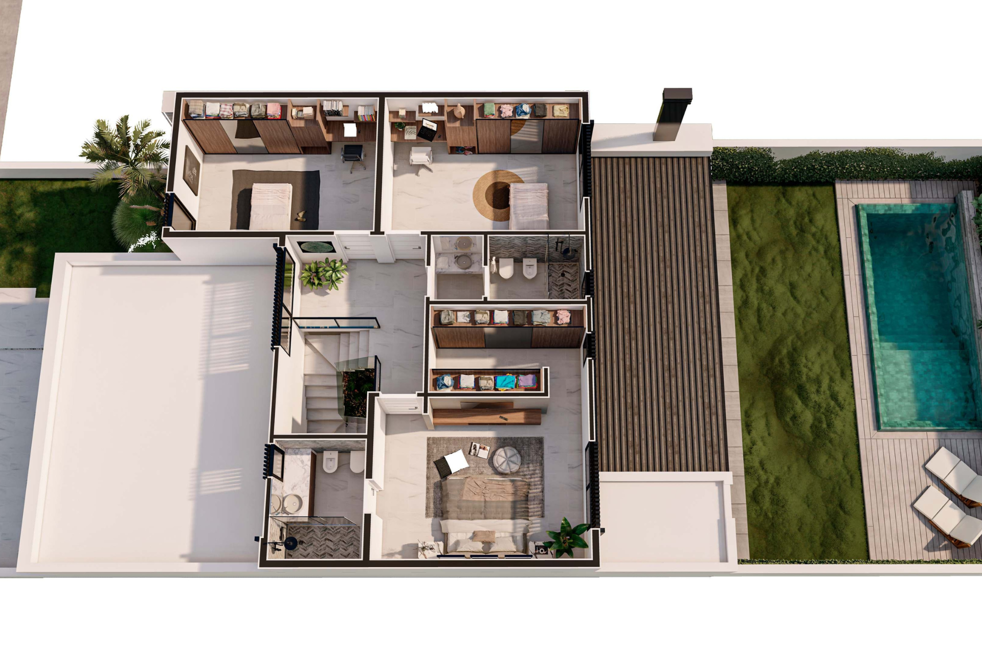 axo-minimalista-cordoba Vista axonométrica de la planta alta de una casa de diseño contemporáneo.