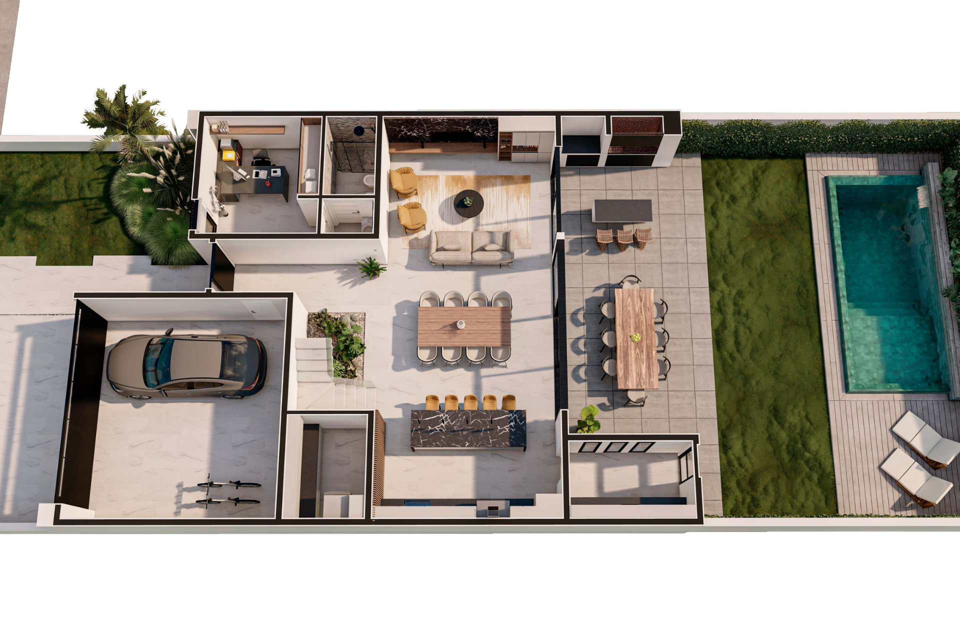 axo-planta-baja-vivienda-moderna Vista axonométrica de la planta baja de una casa moderna.