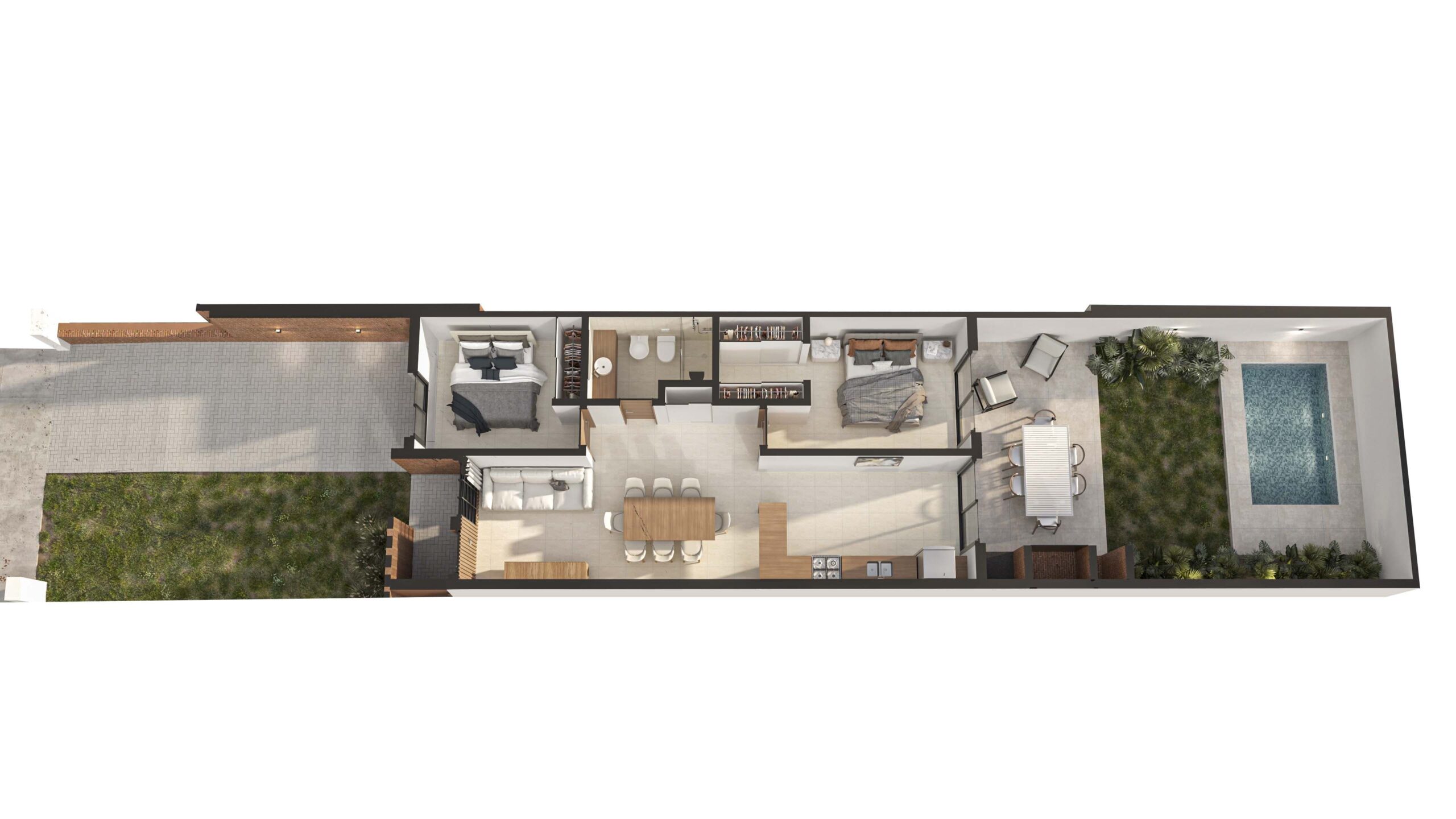 axonometrica-arquitectura-moderna Vista axonométrica que muestra el diseño completo de Boggi 3, destacando su estructura y distribución en una planta.