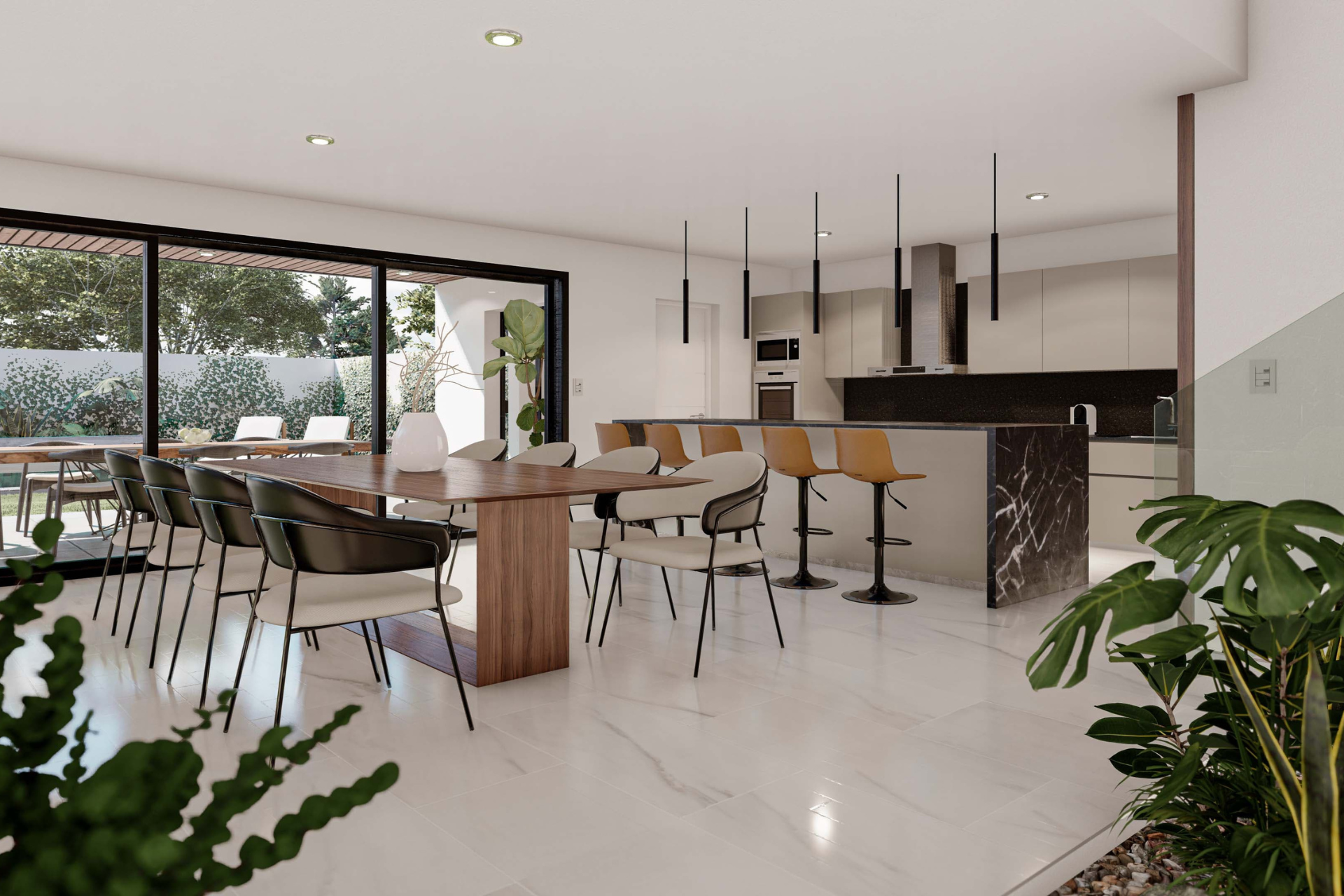 cocina-salon-arquitectura-moderna Cocina y salón con diseño contemporáneo e iluminación natural.