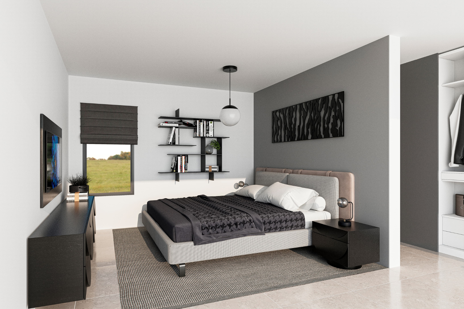 dormitorio-principal-duplex-docta Dormitorio principal con vestidor y diseño moderno.