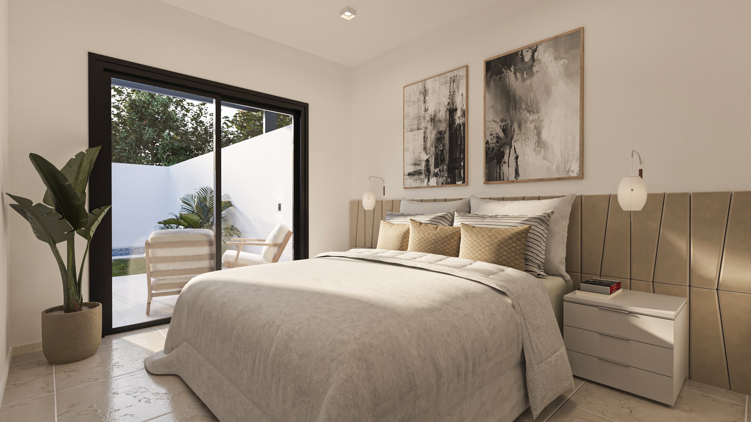 dormitorio-salida-exterior El dormitorio principal de Boggi 3 ofrece un ambiente acogedor y moderno, con acabados de alta calidad y amplios placares empotrados.