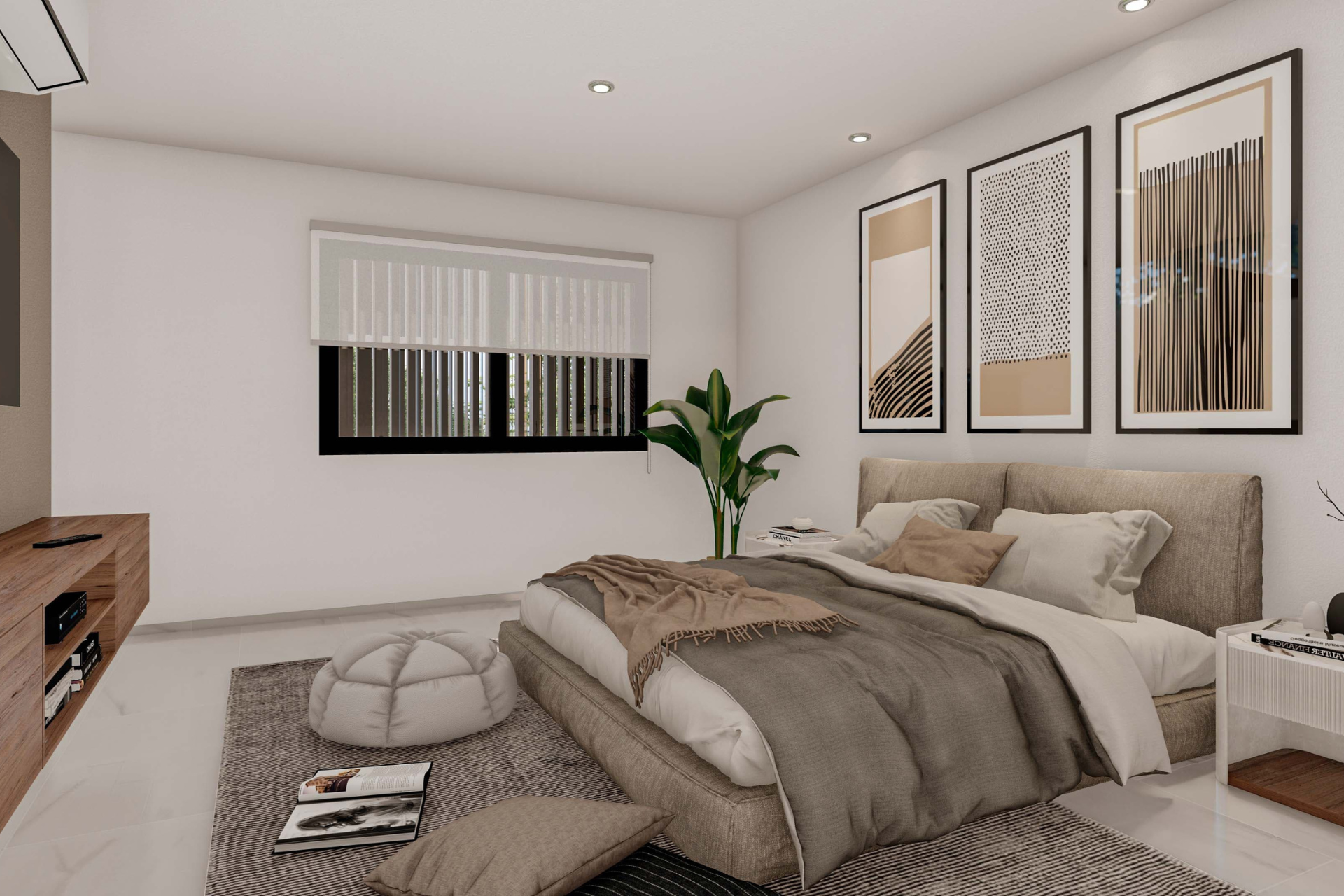 dormitorio-vivienda-minimalista Dormitorio minimalista con grandes ventanales y mobiliario moderno.