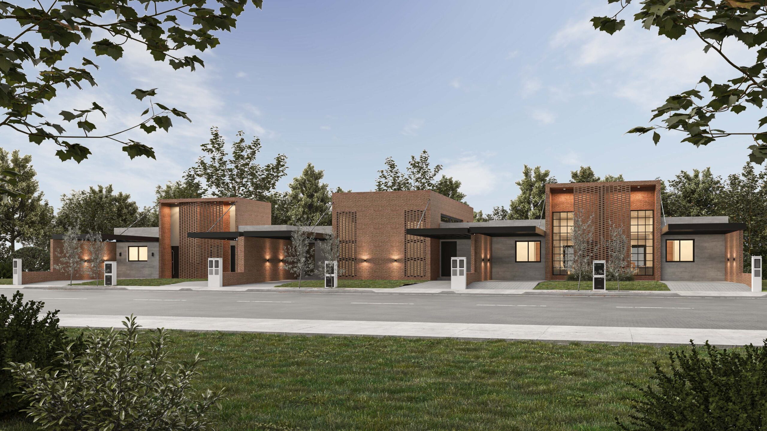 fachada-conjunto-de-duplex Fachada moderna de ladrillo visto que resalta por su diseño único y elegante, ideal para quienes buscan una casa con personalidad en Docta Urbanización.