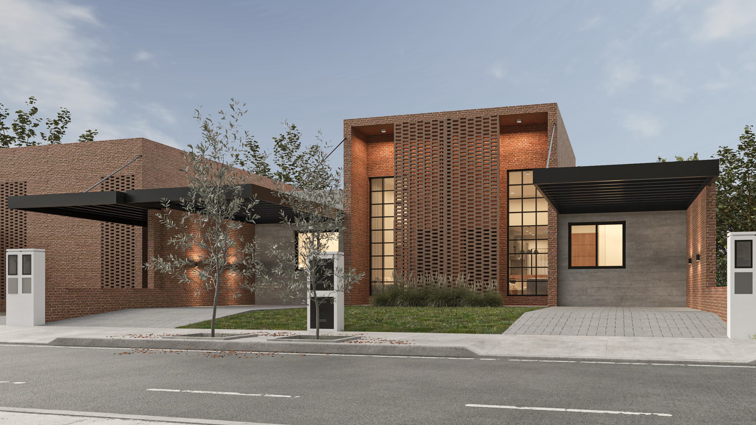 fachada-render-concret Fachada de duplex individural, mostrando la estructura y el acabado en ladrillo visto que complementa perfectamente el diseño contemporáneo del dúplex.