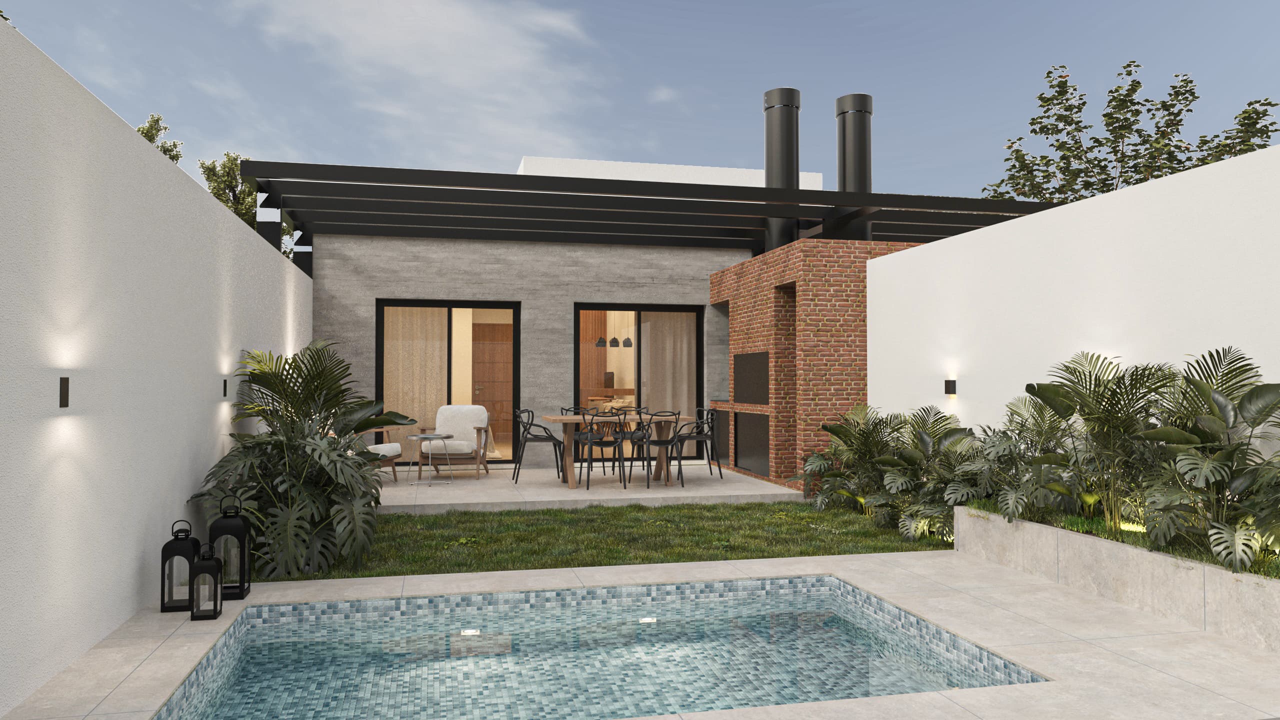 patio-exterior-casa-moderna Patio exterior de Boggi 3, ideal para disfrutar al aire libre con espacio verde y área para eventos familiares o de relax.