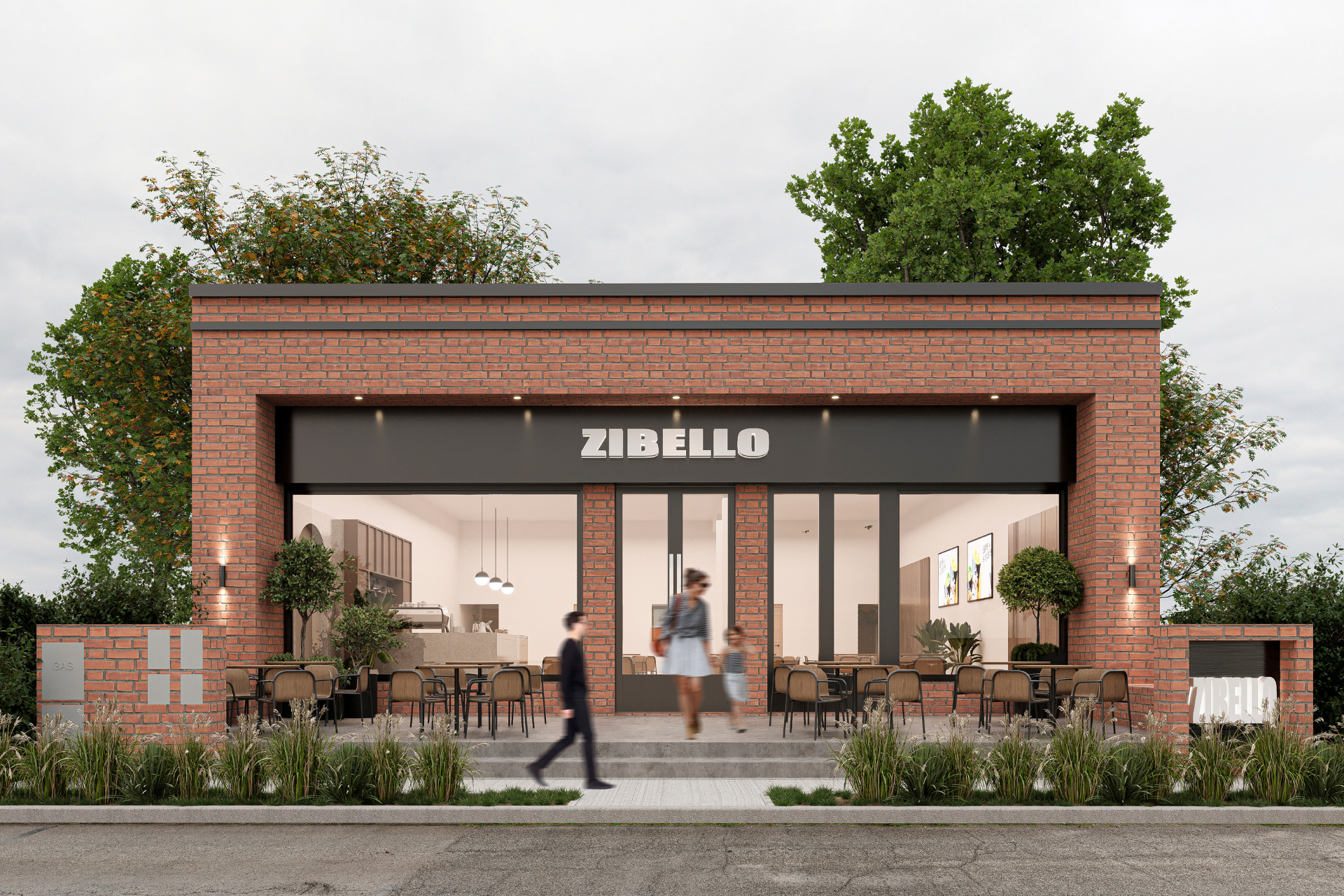 fachada-frontal-zibello Fachada de local gastronómico Zibello con ladrillo visto y apertura vidriada