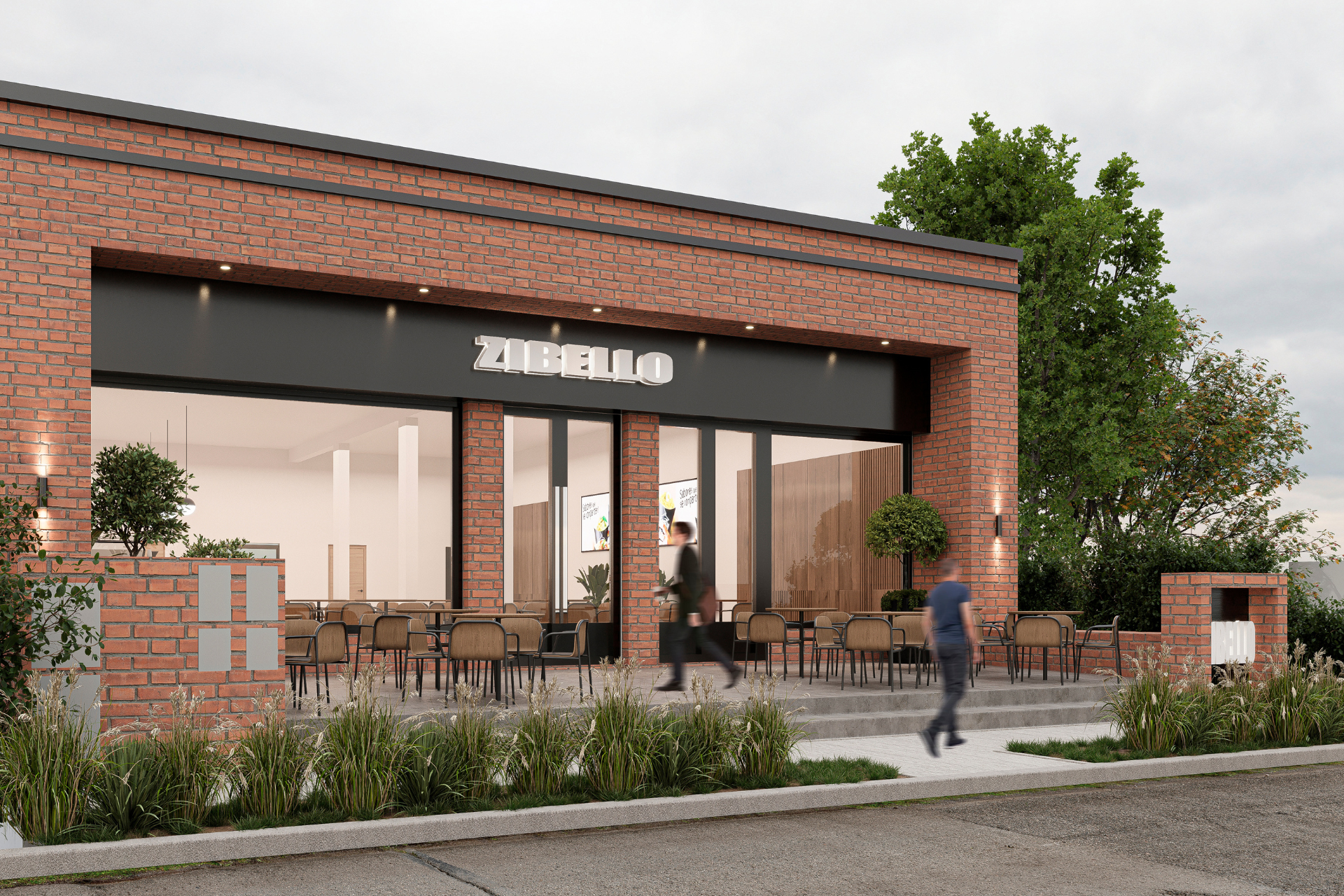 fachada-zibello Local comercial moderno con fachada de ladrillo visto y mesas exteriores