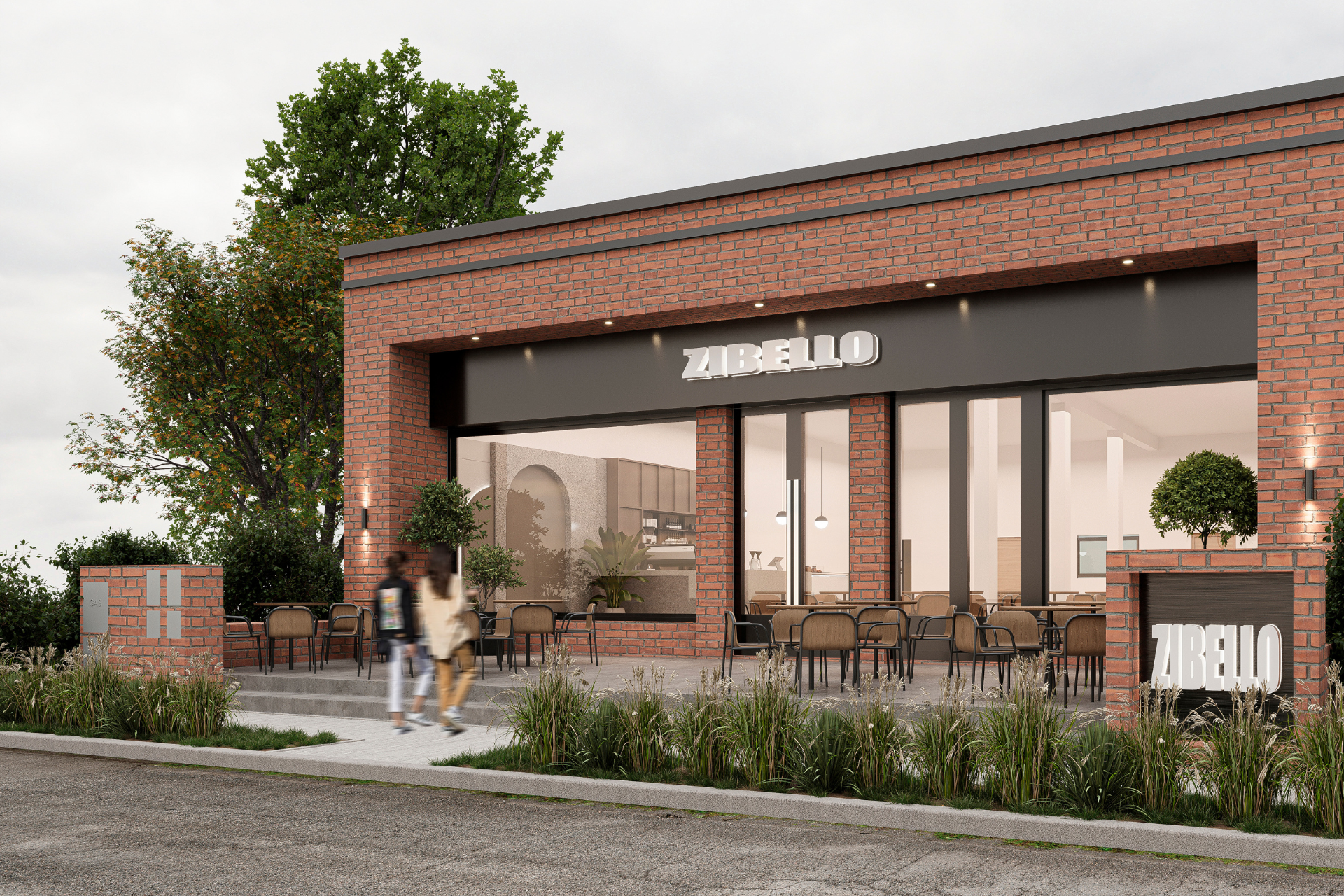 frontal Fachada lateral del local gastronómico Zibello con diseño minimalista y ladrillo visto