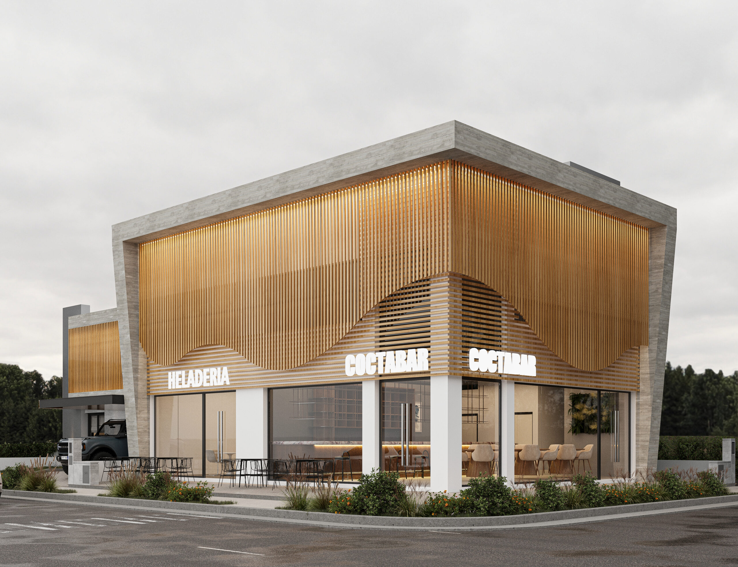 Locales comerciales – Proyecto LOCTA 2 Fachada de locales comerciales con diseño moderno y parasoles de madera