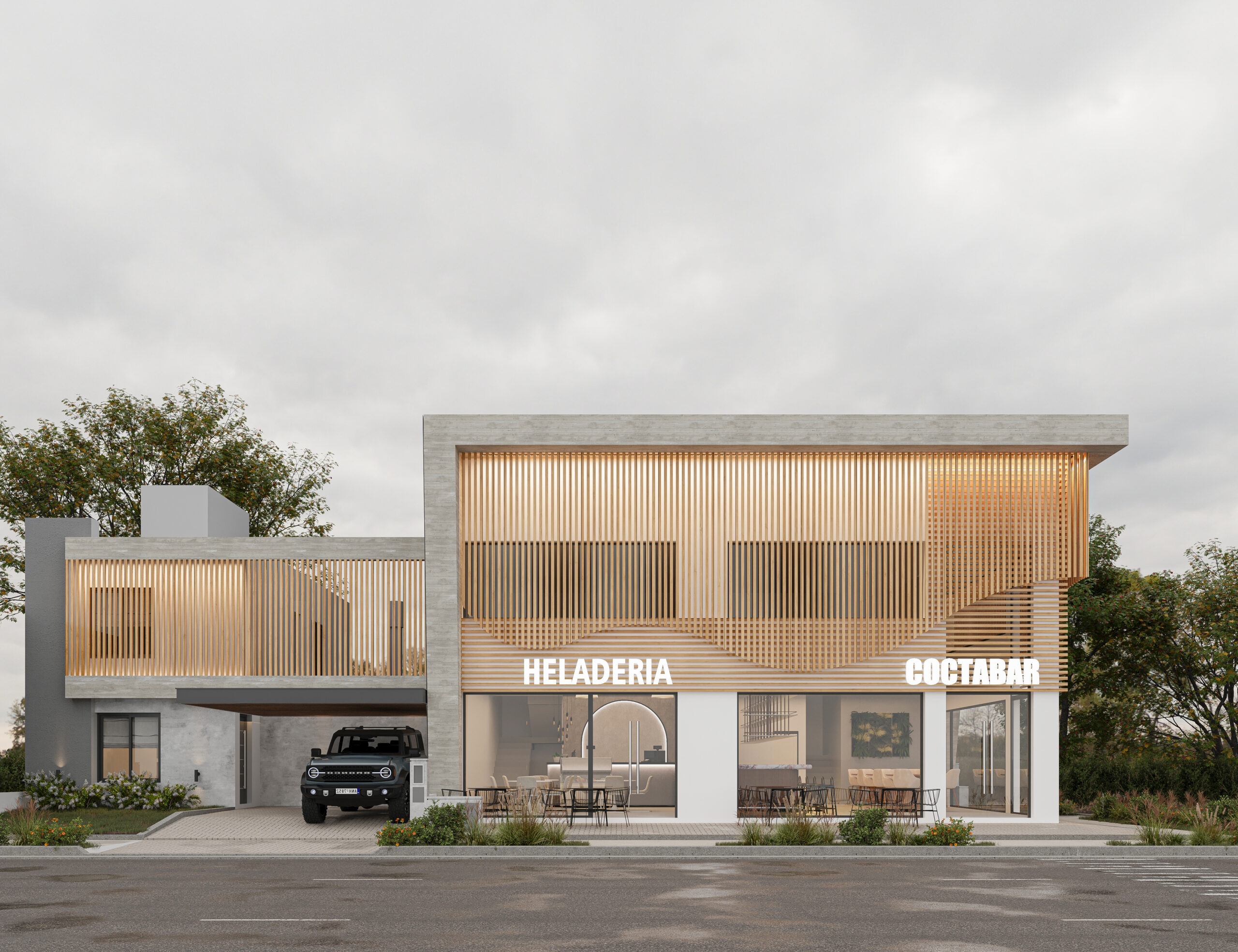 Fachada de lado – Proyecto LOCTA 2 Vista frontal de conjunto habitacional y comercial en Docta Urbanización