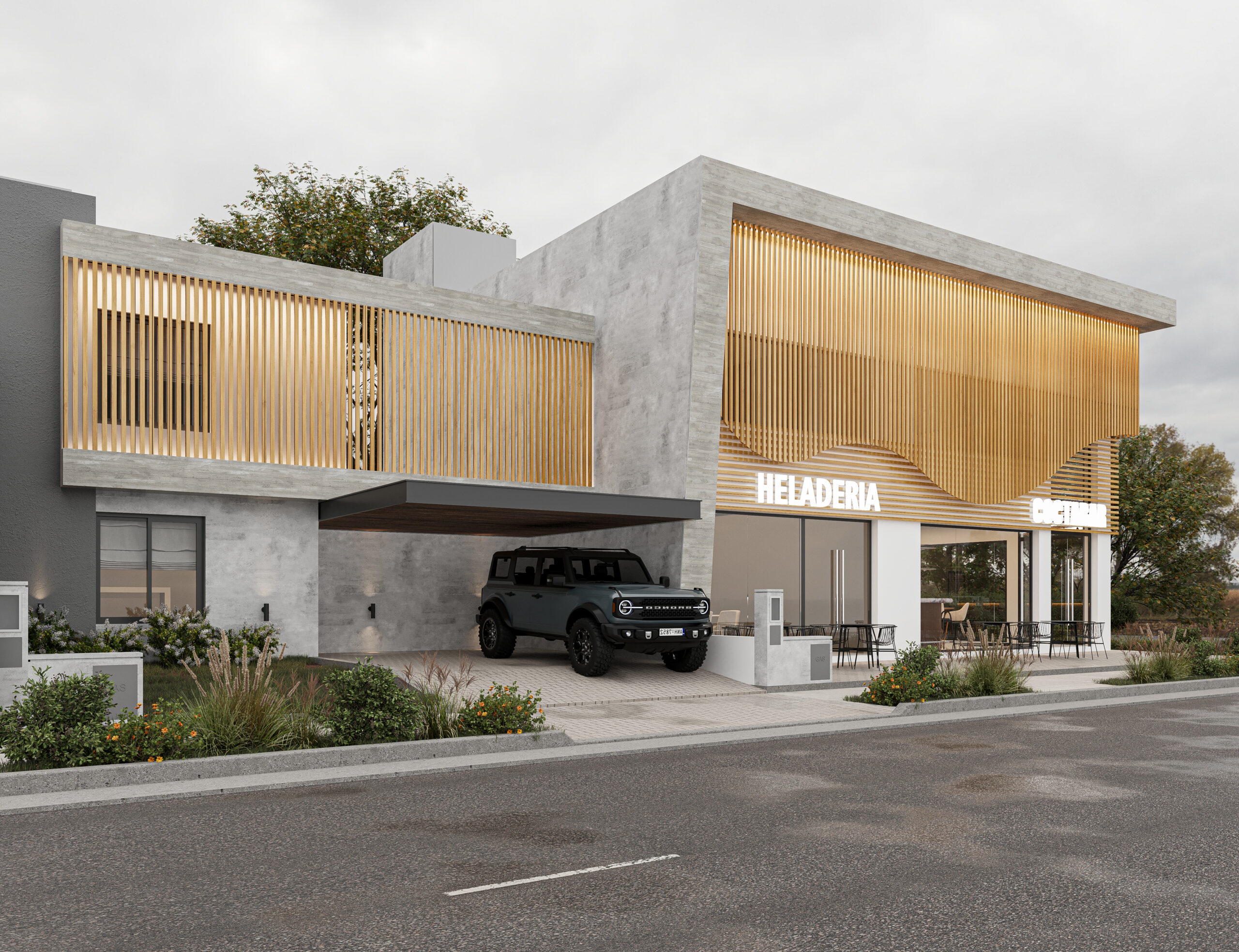 Fachada vivienda – Proyecto LOCTA 2 Vivienda unifamiliar con cochera integrada a conjunto de locales comerciales