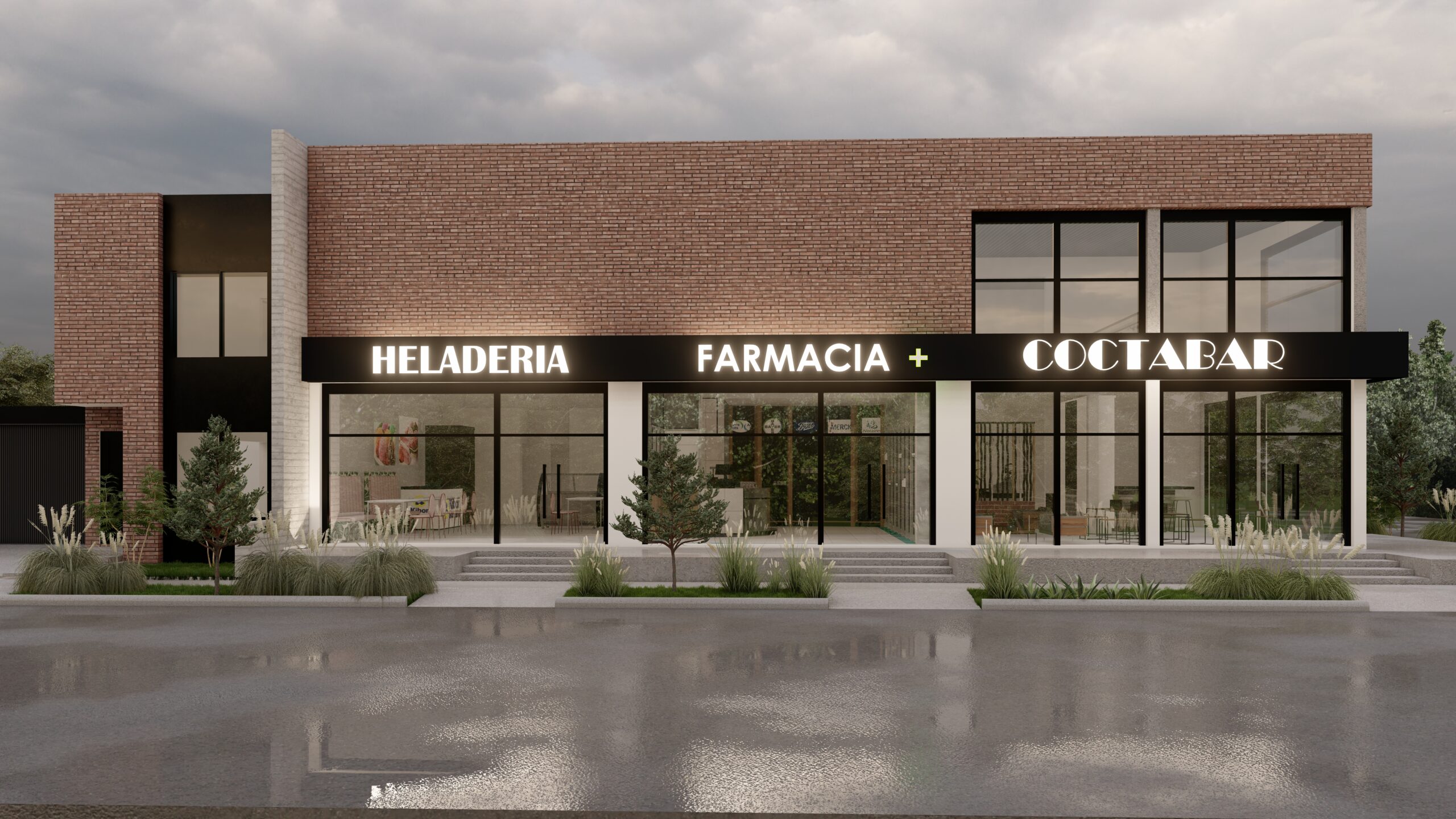 Fachada de locales LOCTA 1 Fachada de locales comerciales en Docta con ladrillo visto y cartelería iluminada