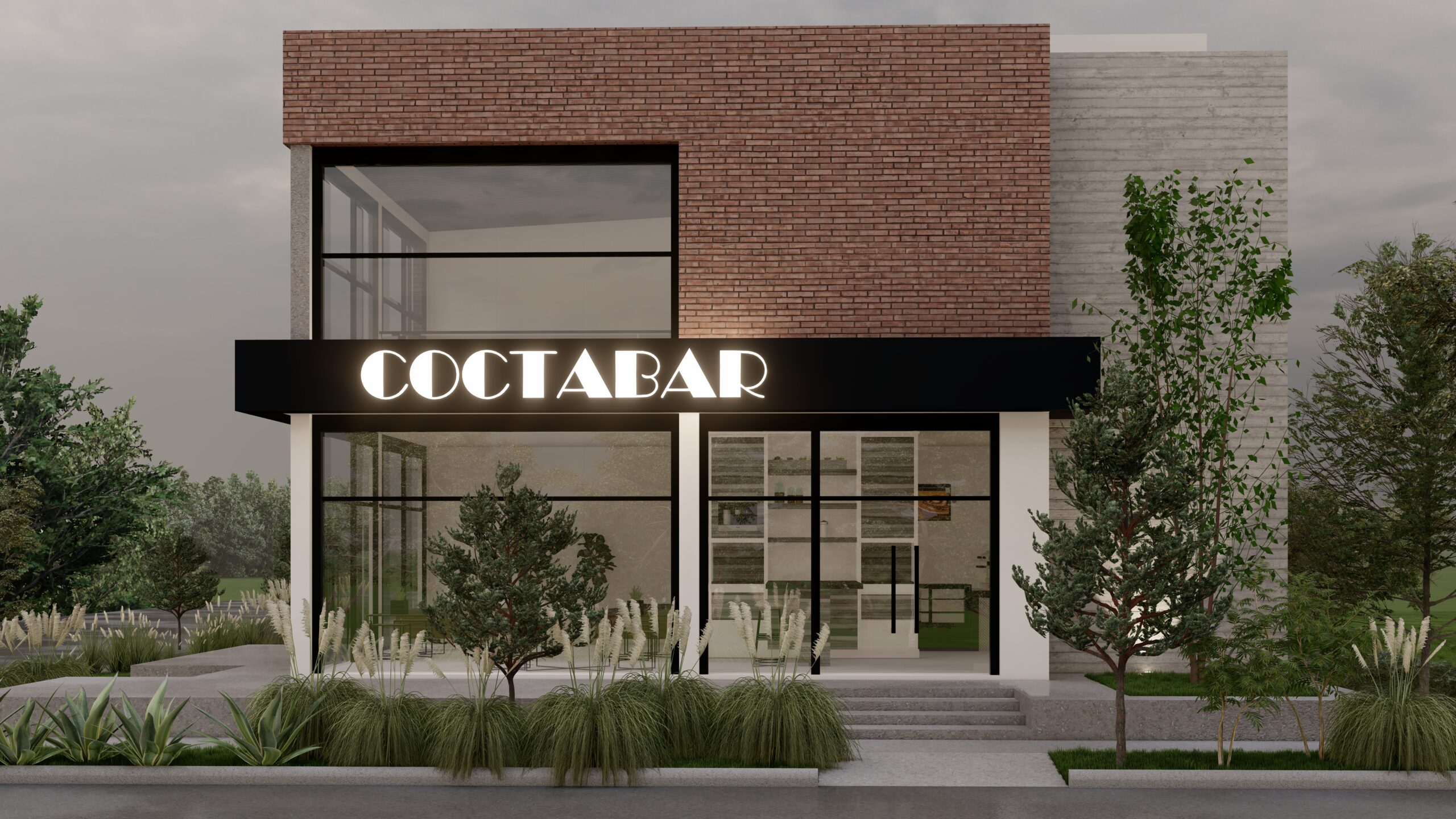 Fachada del local Coctabar en LOCTA 1 Fachada del local 1 con carpintería negra y doble altura