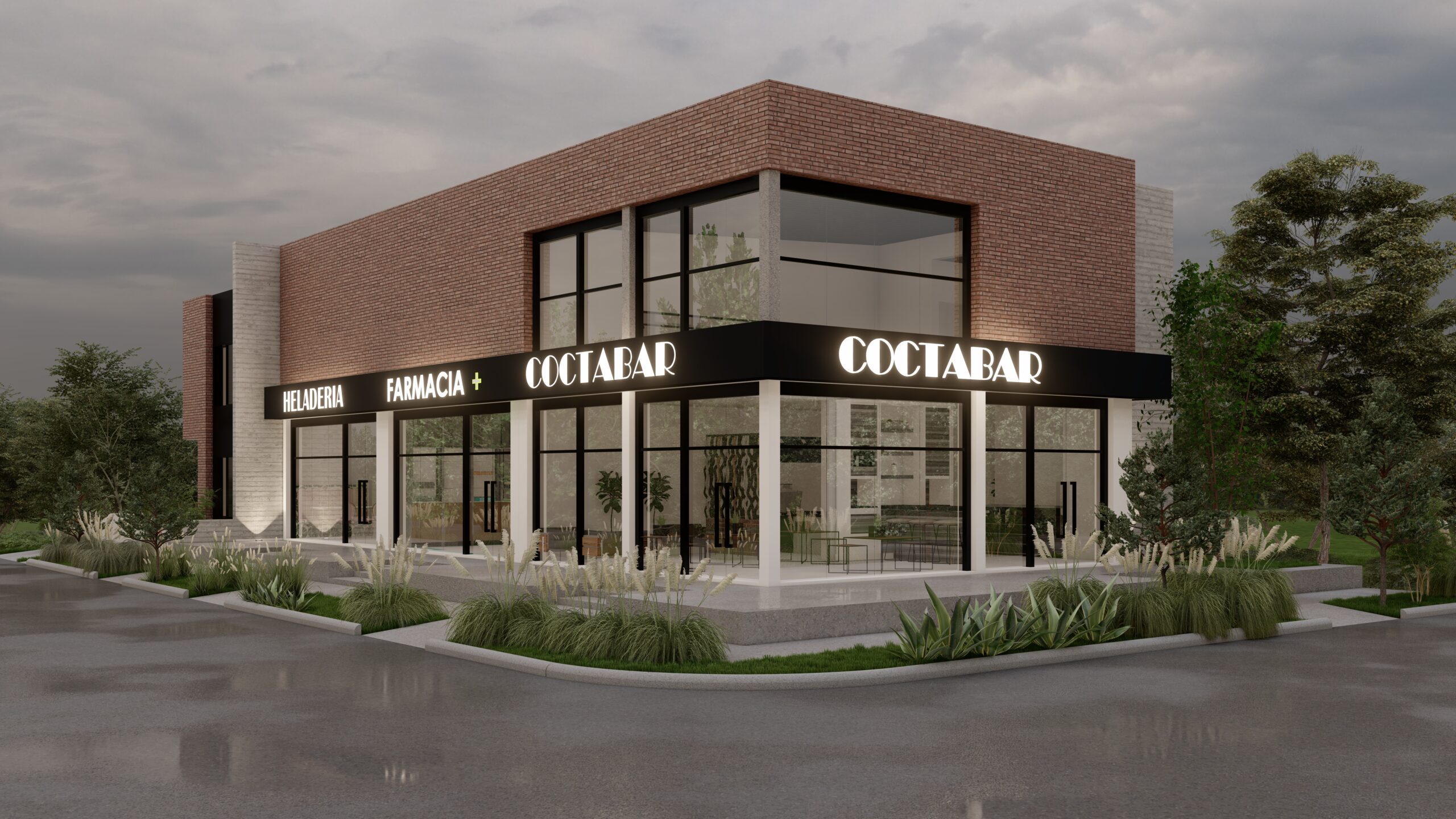 Esquina del conjunto de locales LOCTA 1 en Córdoba Locales comerciales en esquina con diseño moderno y entorno paisajístico