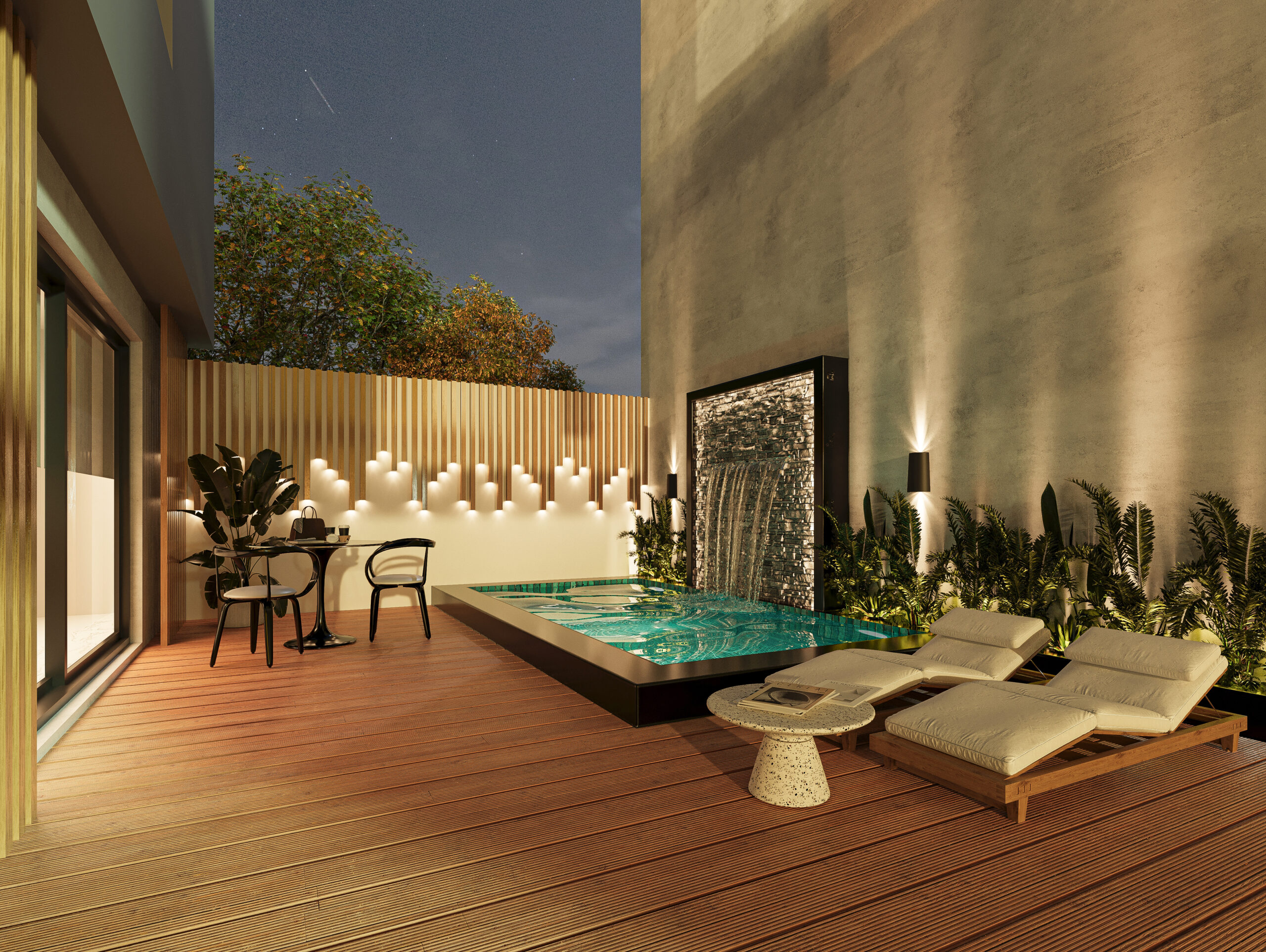 Terraza con piscina y diseño paisajístico – Proyecto LOCTA 2 Terraza con piscina, cascada y solárium en vivienda urbana moderna