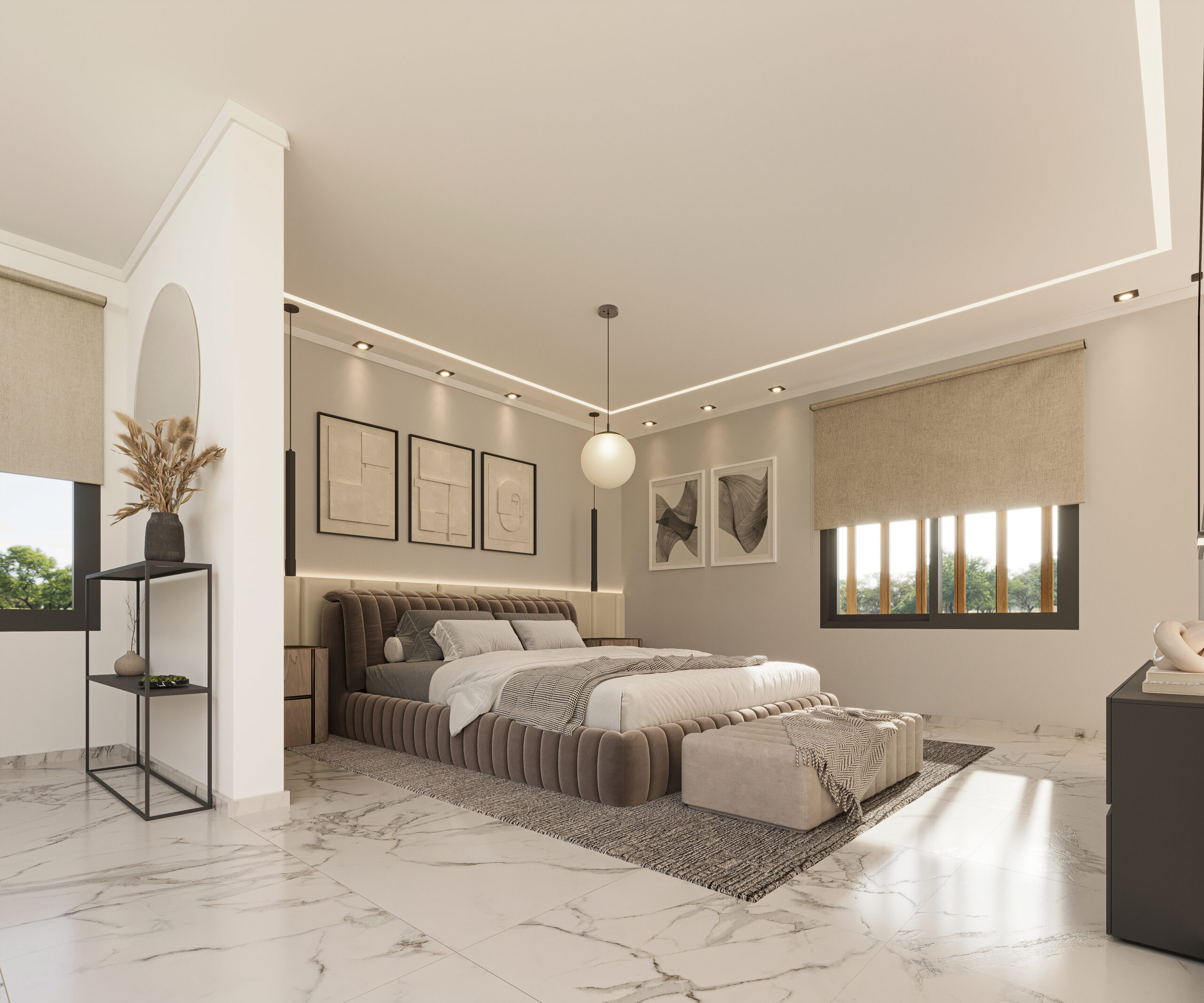 Dormitorio principal – Proyecto LOCTA 2 Dormitorio principal moderno con iluminación indirecta y revestimientos neutros