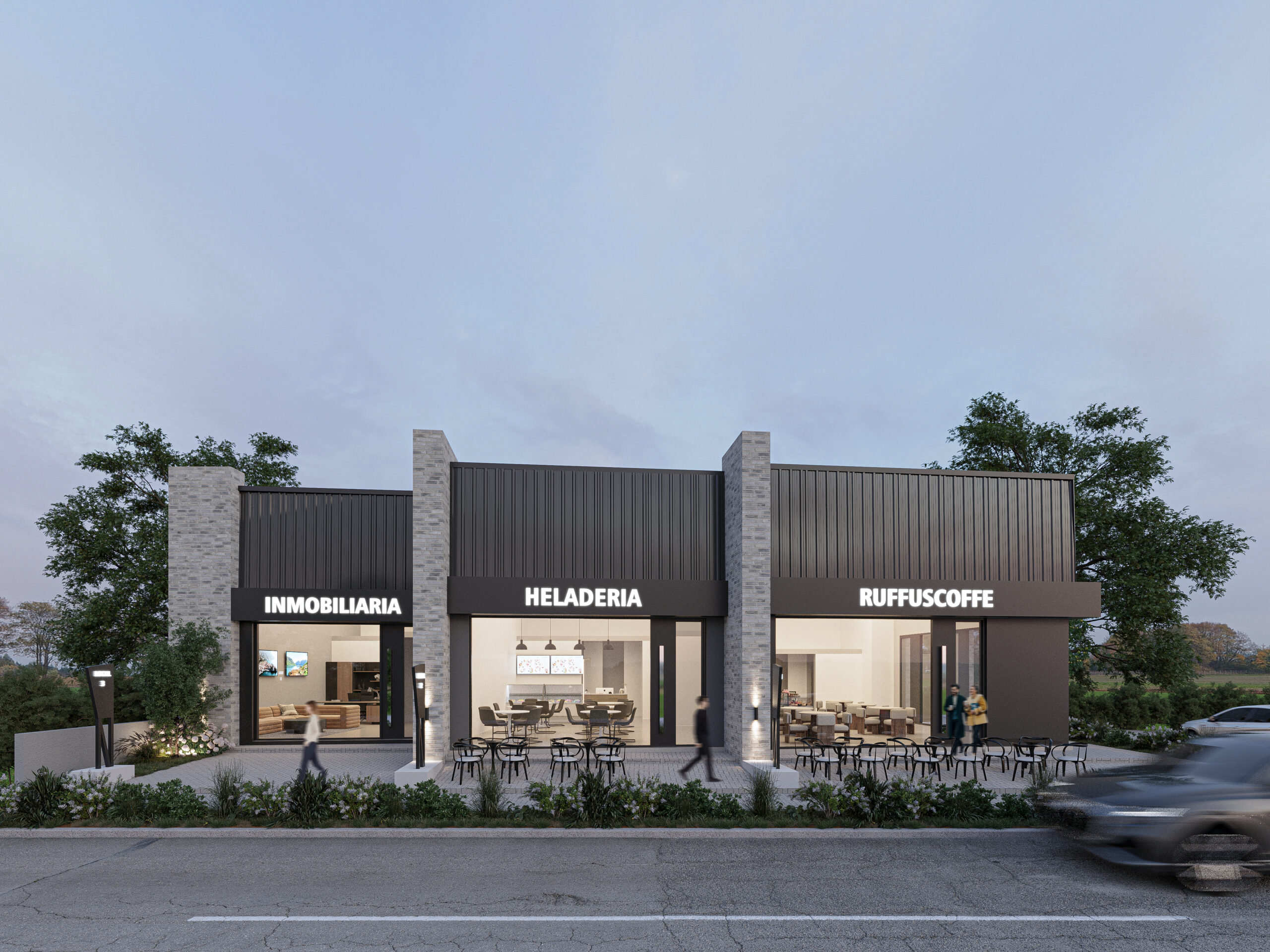 LOCTA3 1 Fachada frontal de tres locales comerciales modernos en Docta, Córdoba.