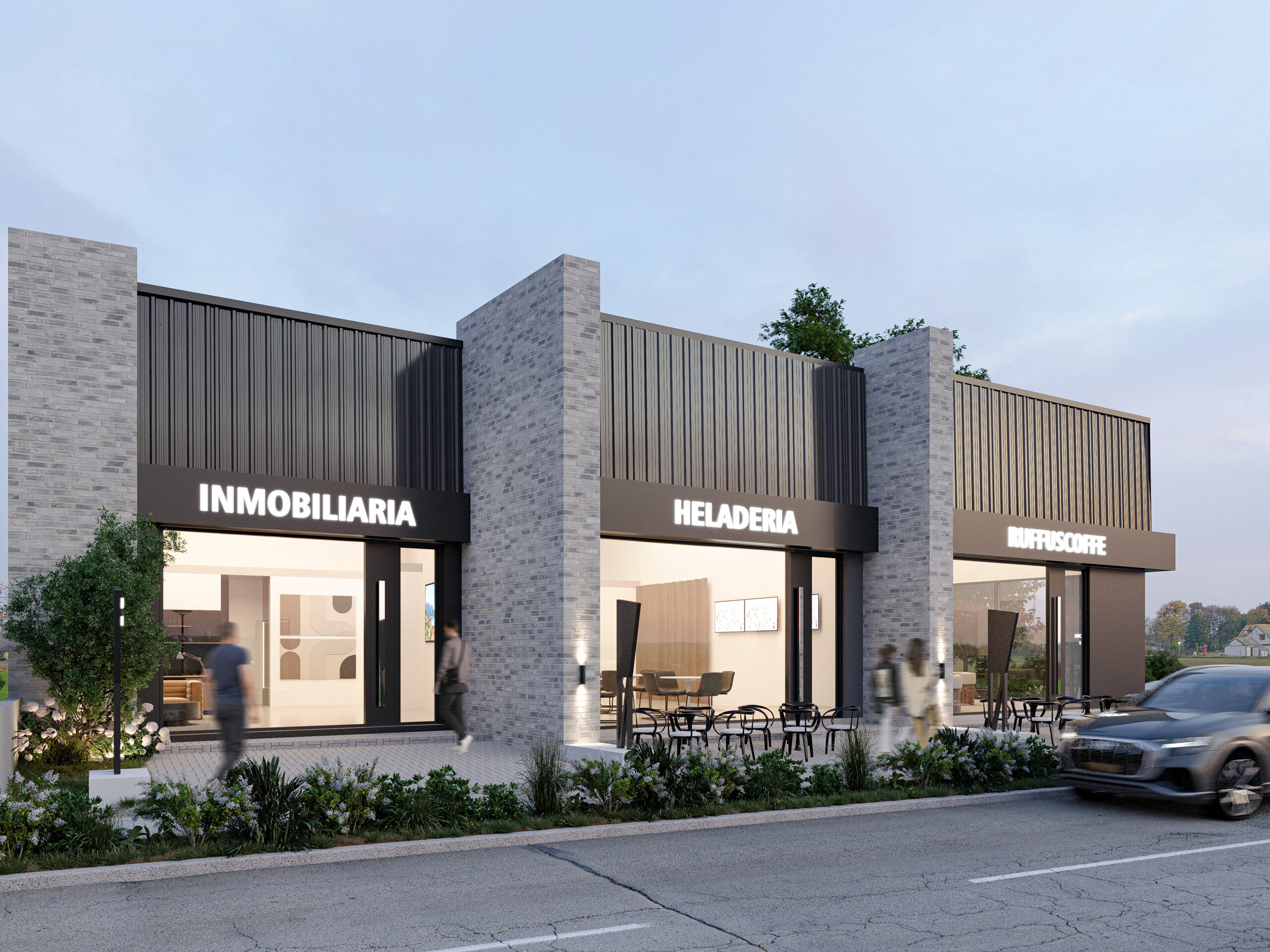 LOCTA3 2 Locales comerciales con fachada moderna y diseño arquitectónico minimalista