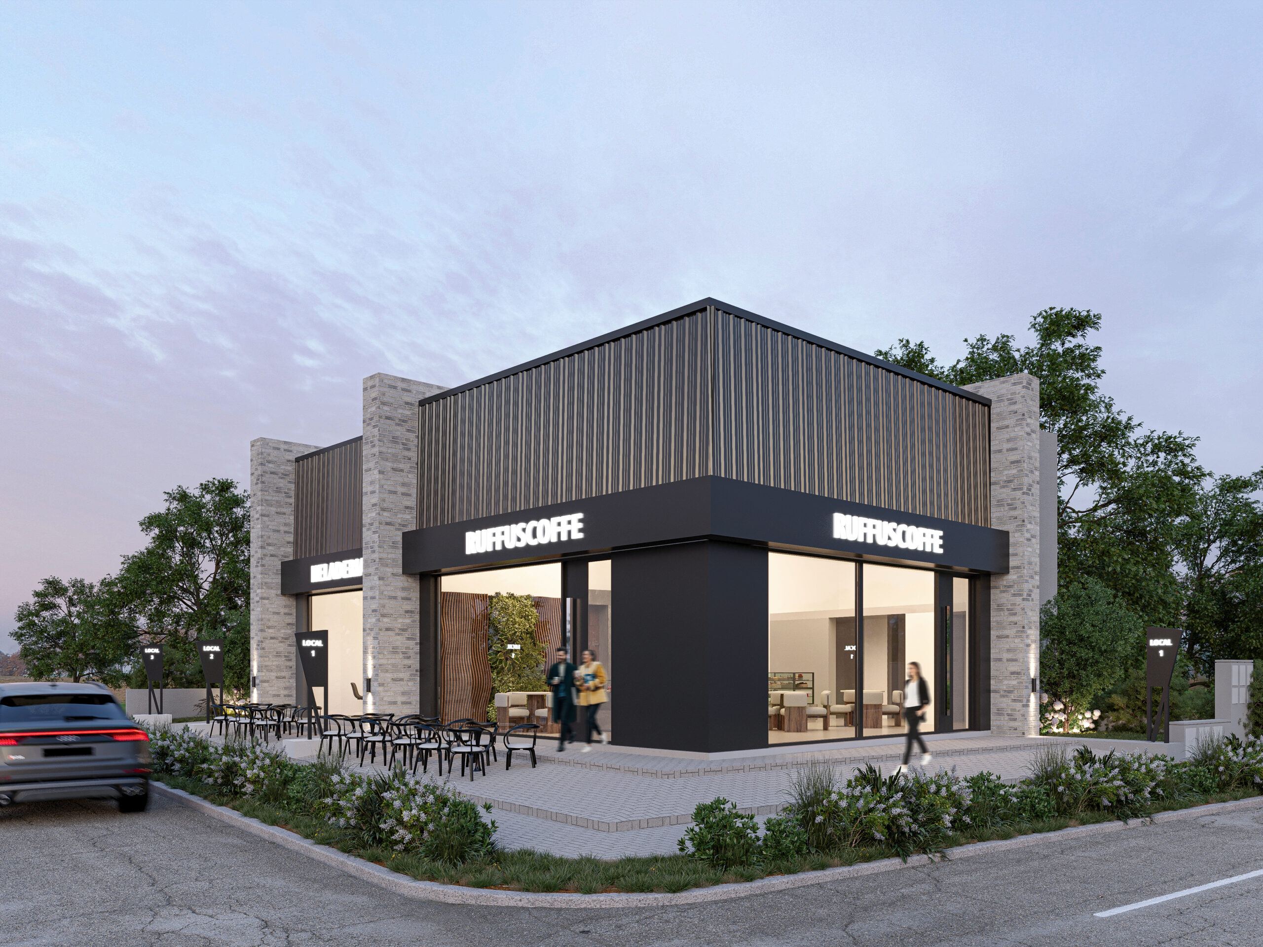 LOCTA3 4 Vista lateral de local comercial con cafetería y mobiliario urbano en Docta