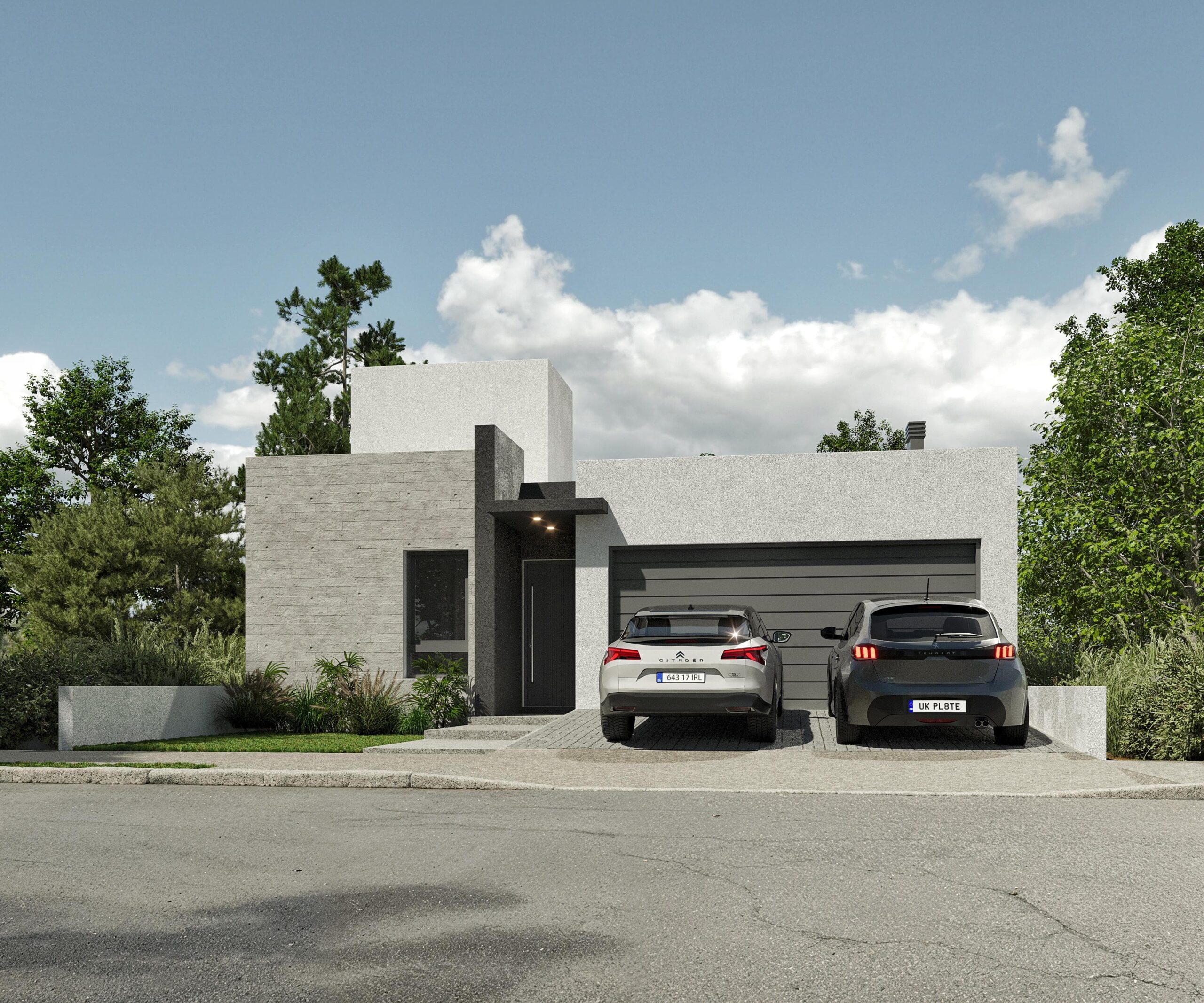 fachada-casa-fv-docta Fachada de vivienda unifamiliar moderna con líneas rectas y materiales neutros