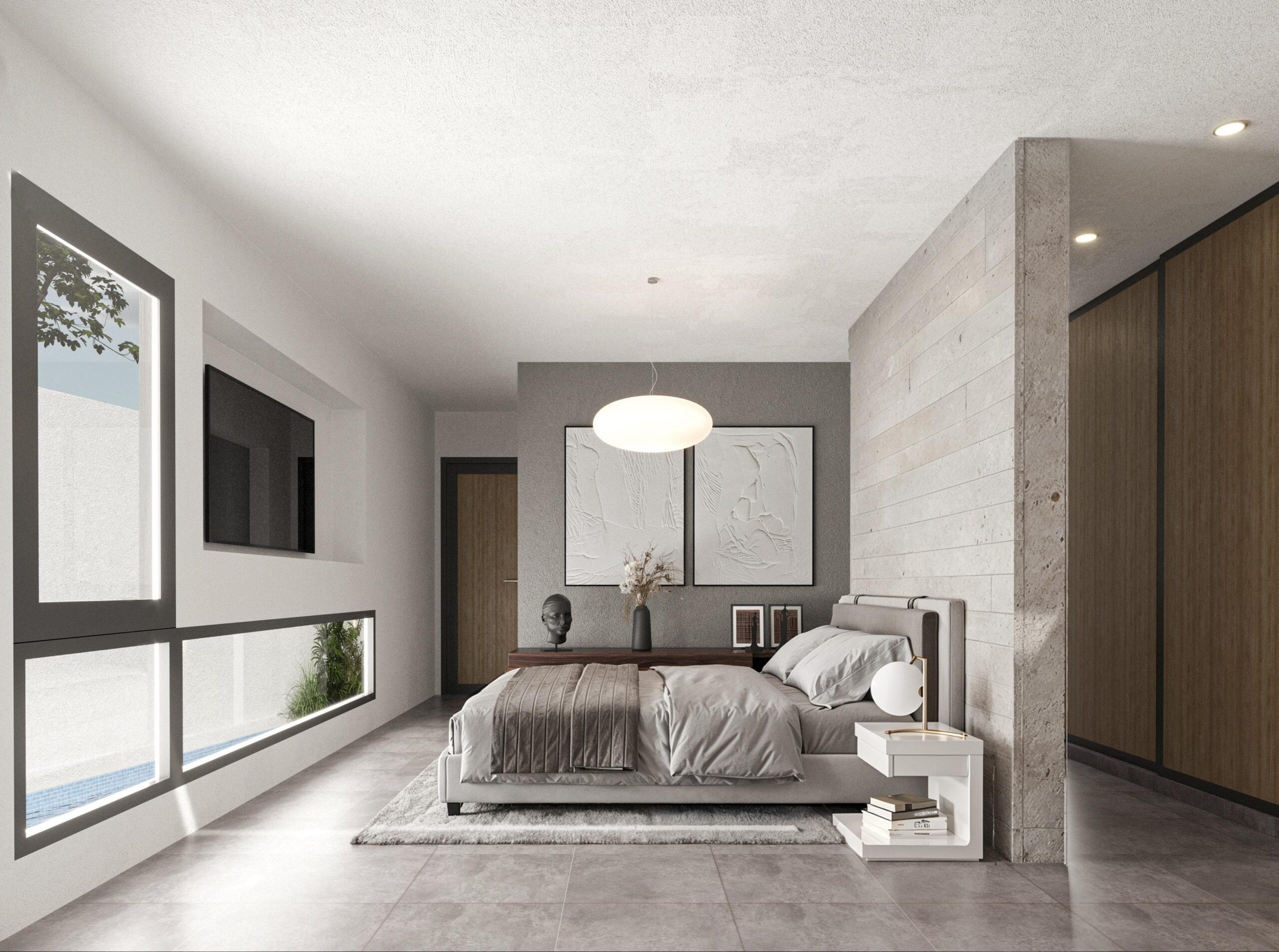 interior-salon-casa-docta-urbanizacion Dormitorio moderno con ventanal y muro de hormigón visto en vivienda de Córdoba