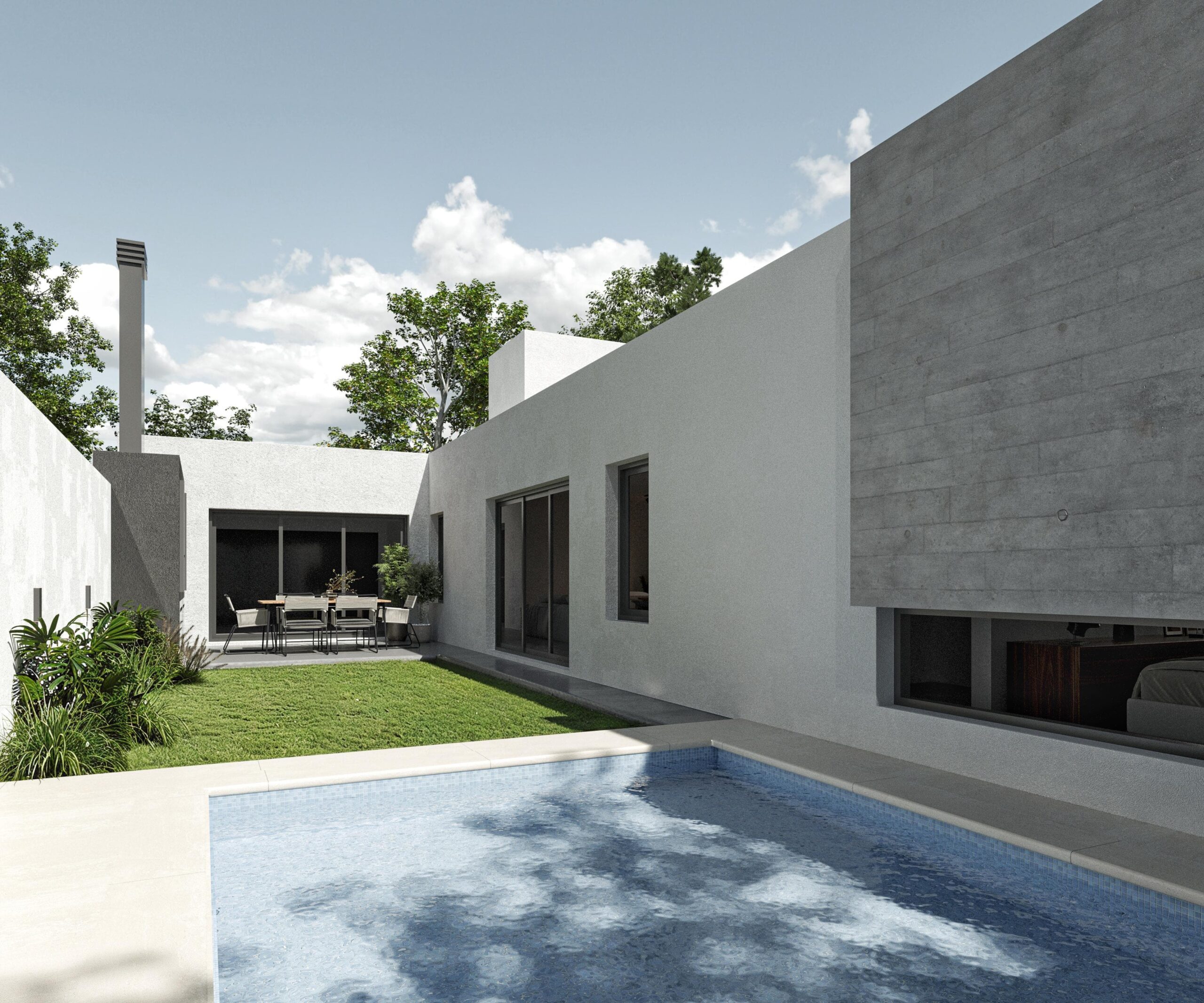 terraza-pileta-arquitectura Patio central con césped y piscina en casa minimalista en Córdoba