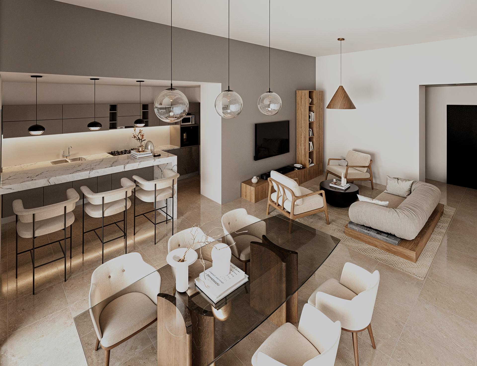 BRUYA 2 (5) Ambientes sociales amplios y cocina con barra desayunadora - Vivienda Bruya