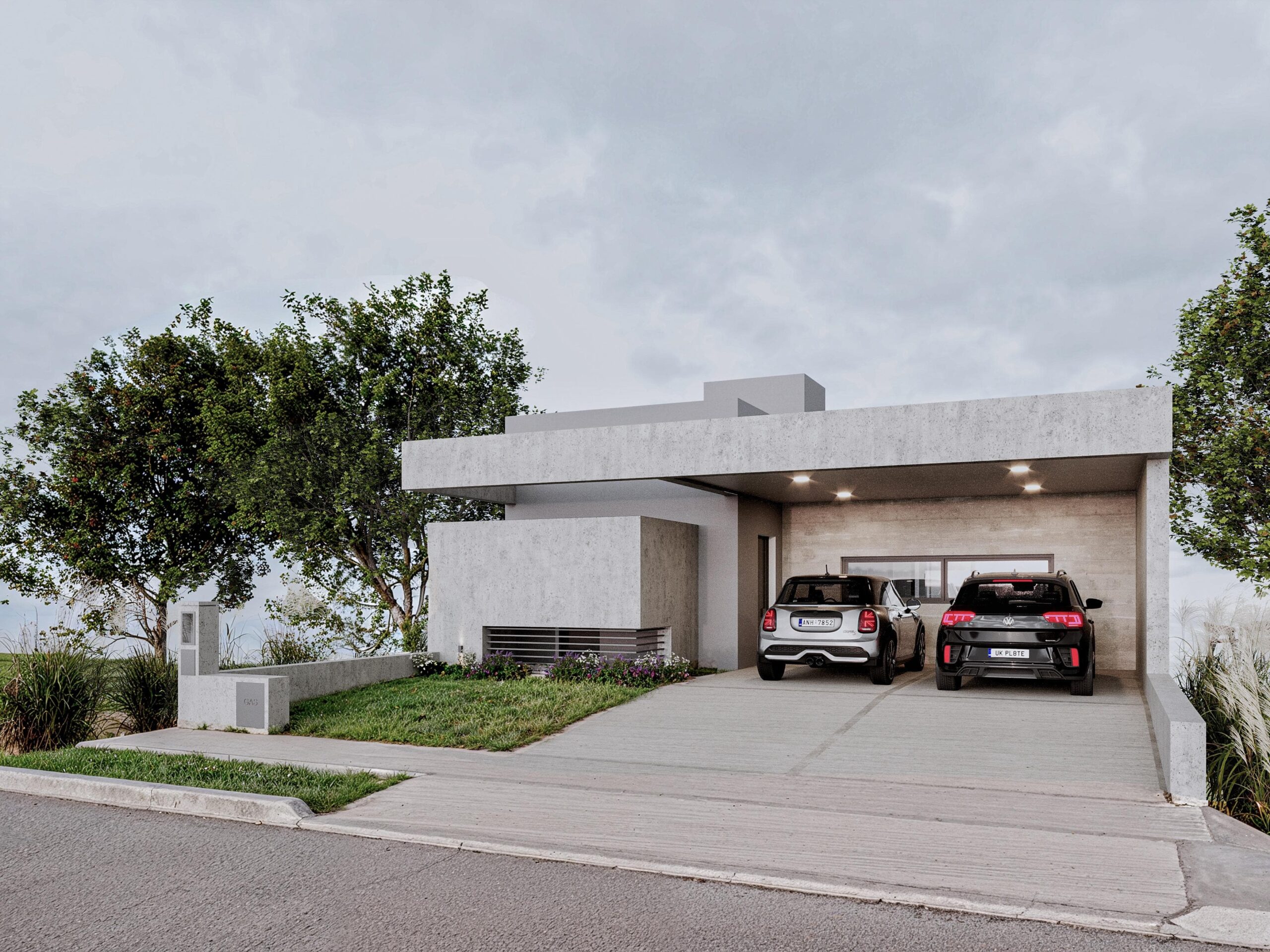 rozio-fachada-docta Fachada lateral y cochera cubierta en vivienda unifamiliar de una planta - Proyecto Rozio