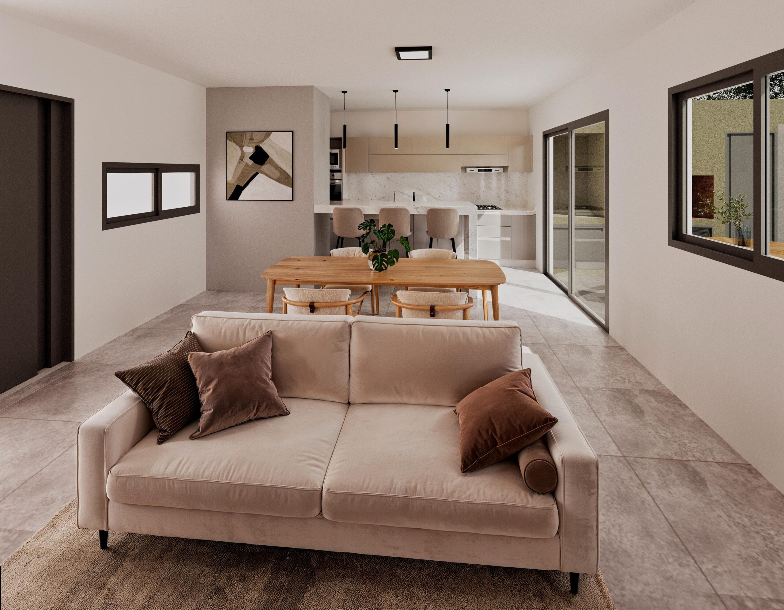 cocta17-estar-comedor-cocina1 Estar comedor con cocina semi integrada en dúplex de Cocta 17.